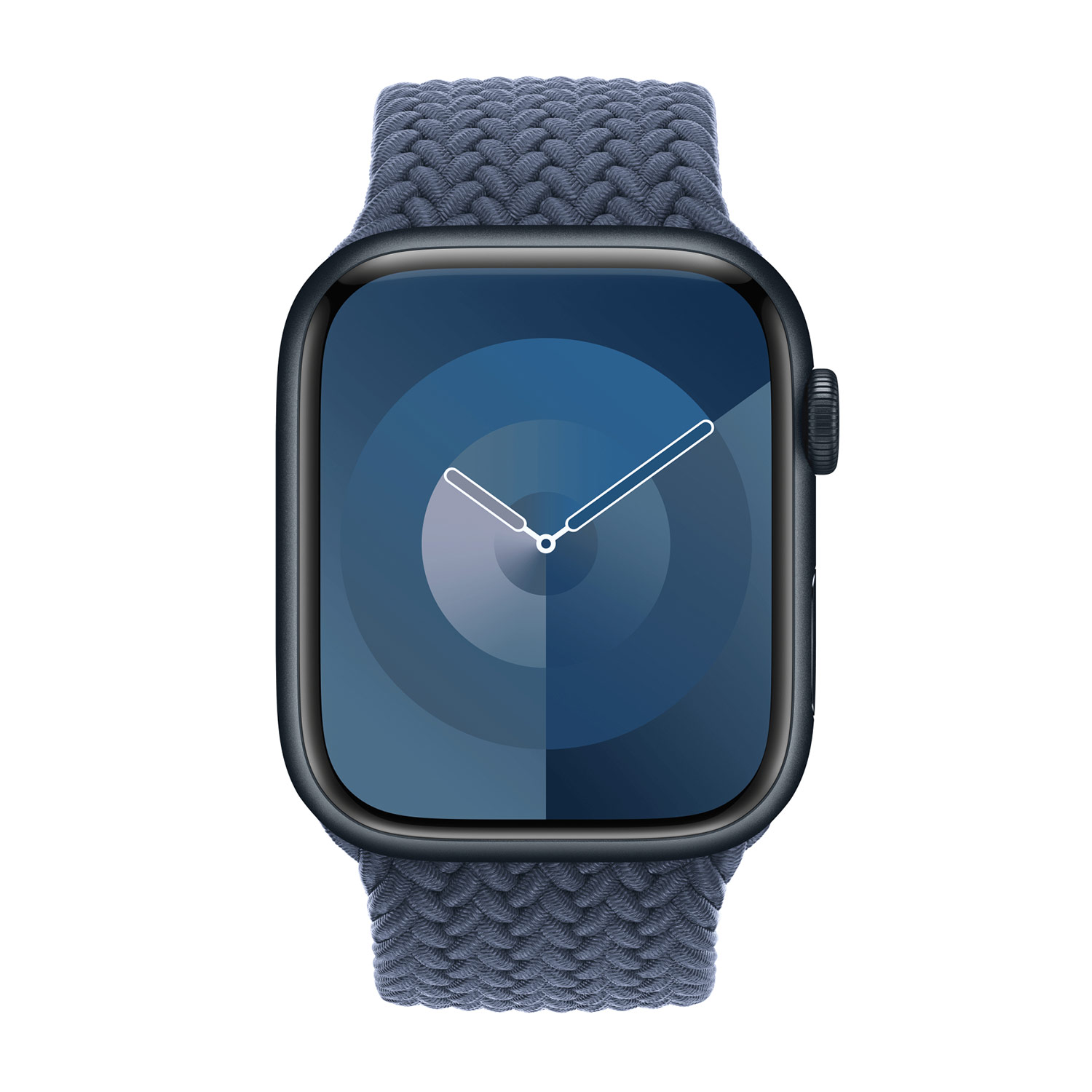 Een grijsblauwe smartwatch met een geweven band en een blauw wijzerplaat.