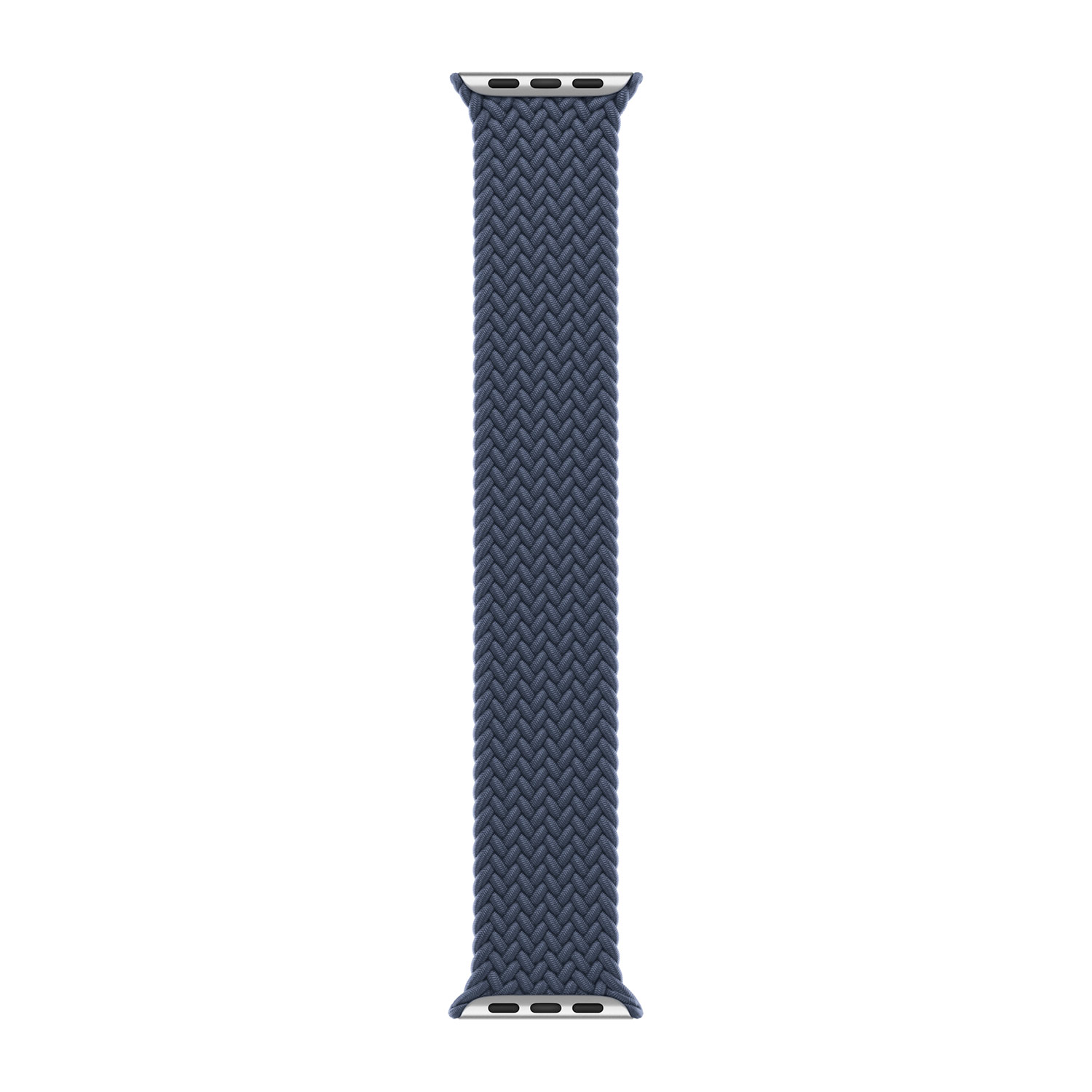 Een donkerblauw gevlochten horlogeband met zilveren connectoren.