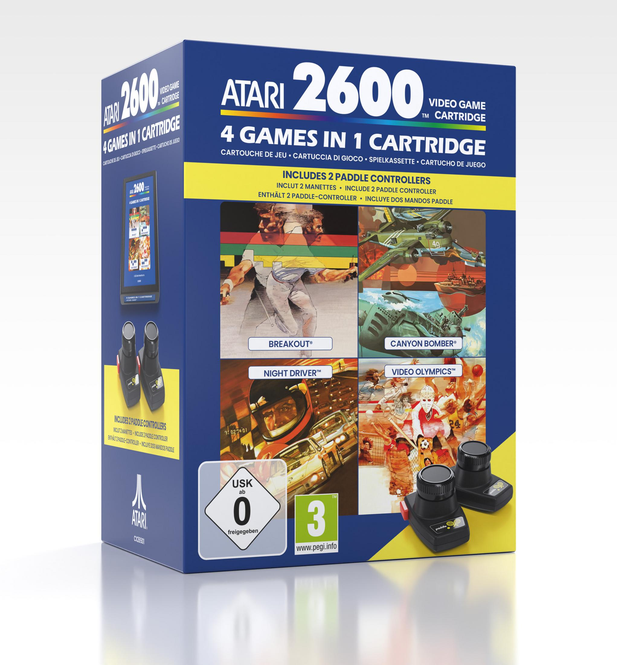 Atari 2600 Videospiel-Cartridge mit 4 Spielen und 2 Controllern.