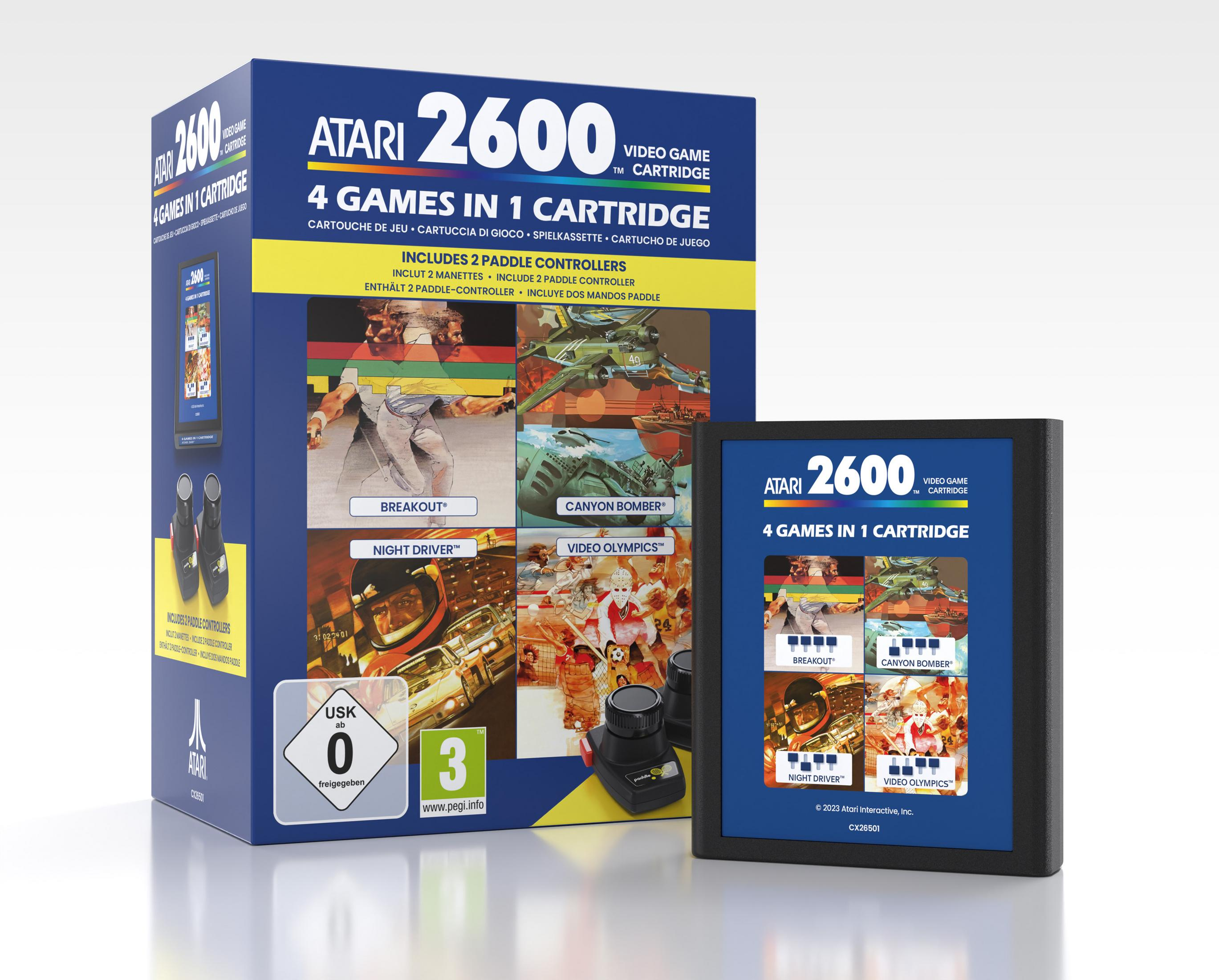 Atari 2600 4-Spiele-Cartridge mit zwei Controllern und USK/PEGI-Siegel.