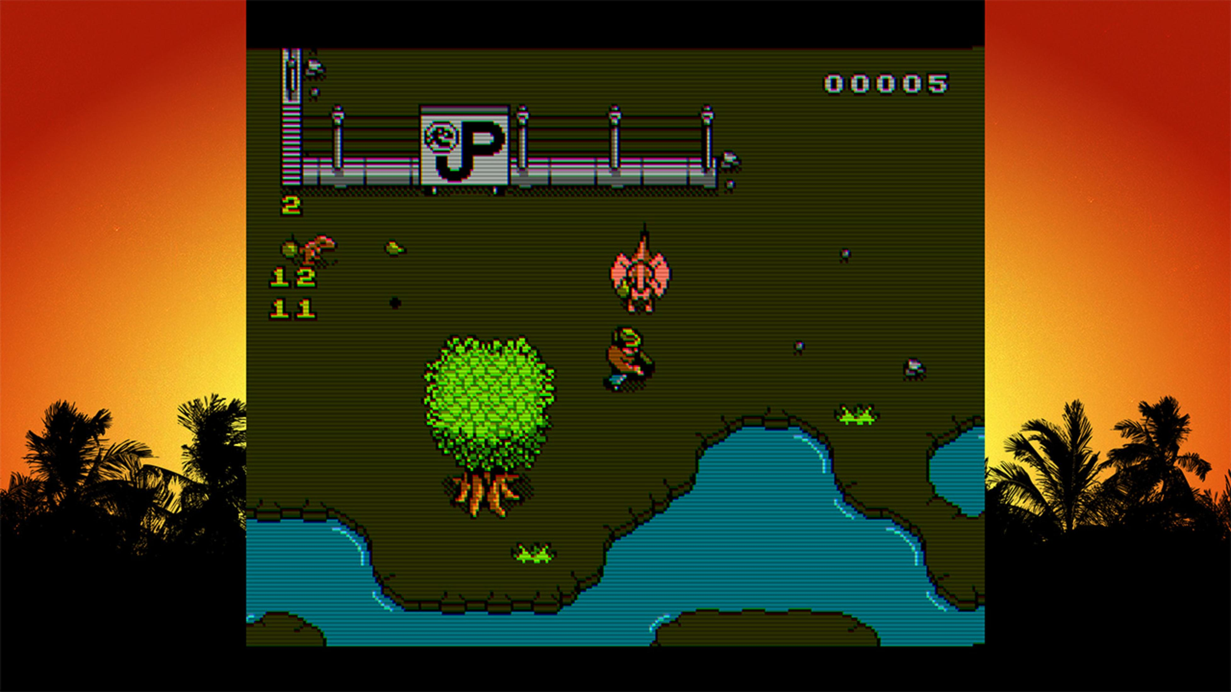 Ein 8-Bit-Spielbildschirm zeigt eine Figur, Dinosaurier und Wasser.