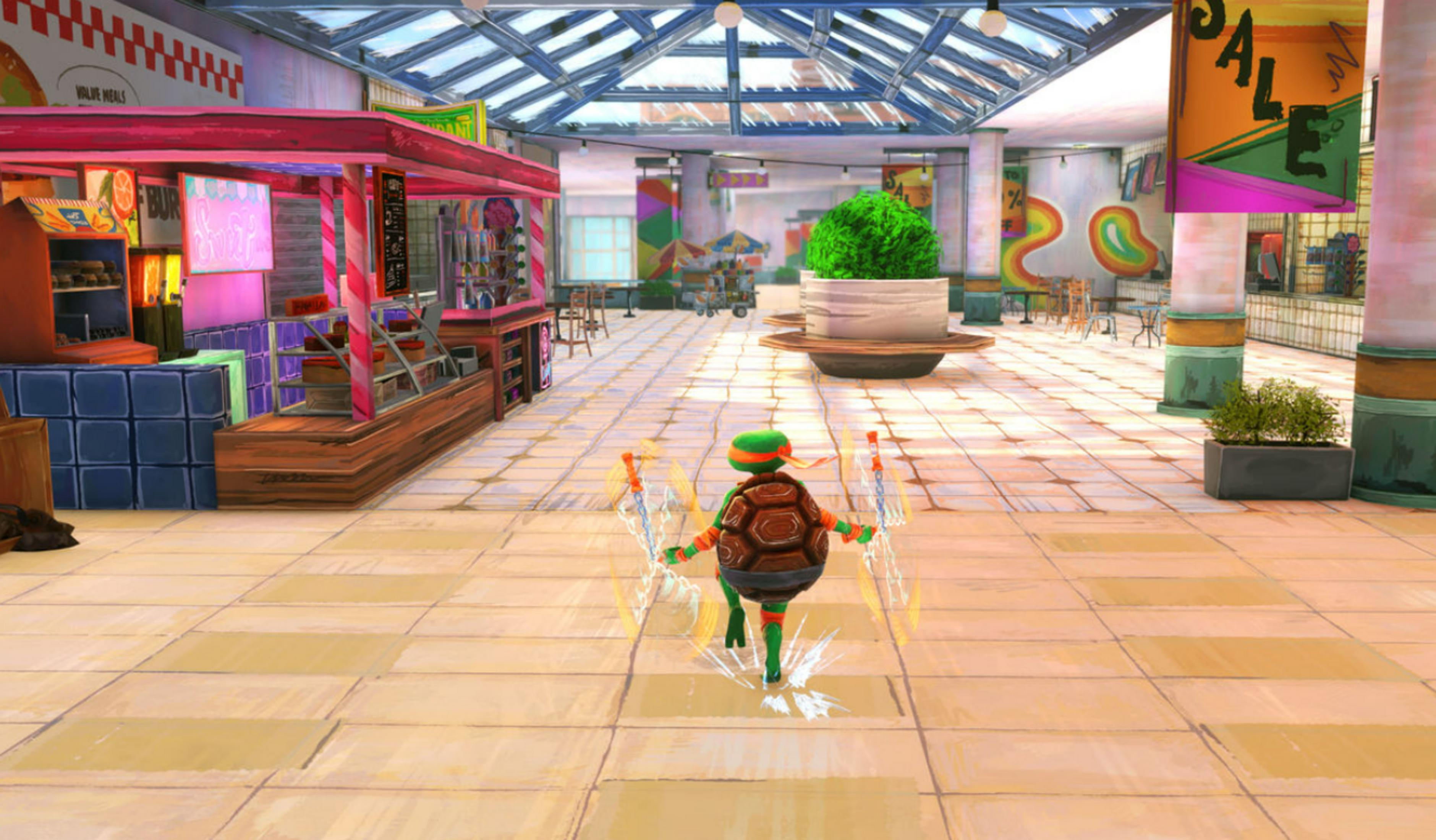 Ein Teenage Mutant Ninja Turtle steht in einem Einkaufszentrum und schwingt Nunchakus.