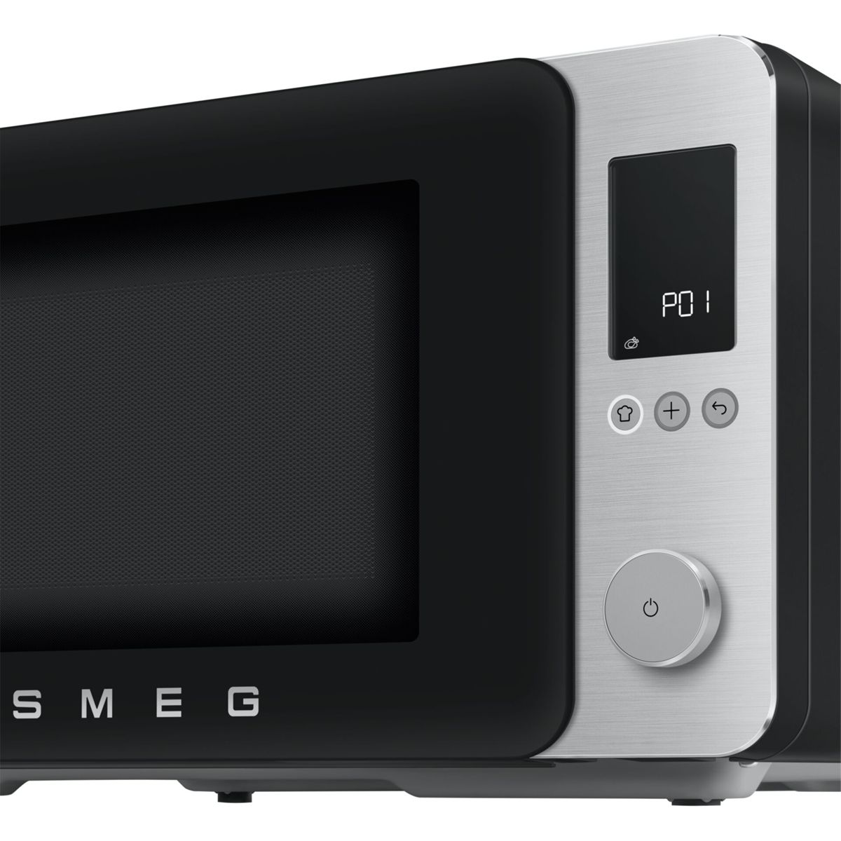 Schwarze Mikrowelle mit silberner Steuerung und digitalem Display. SMEG-Logo unten.