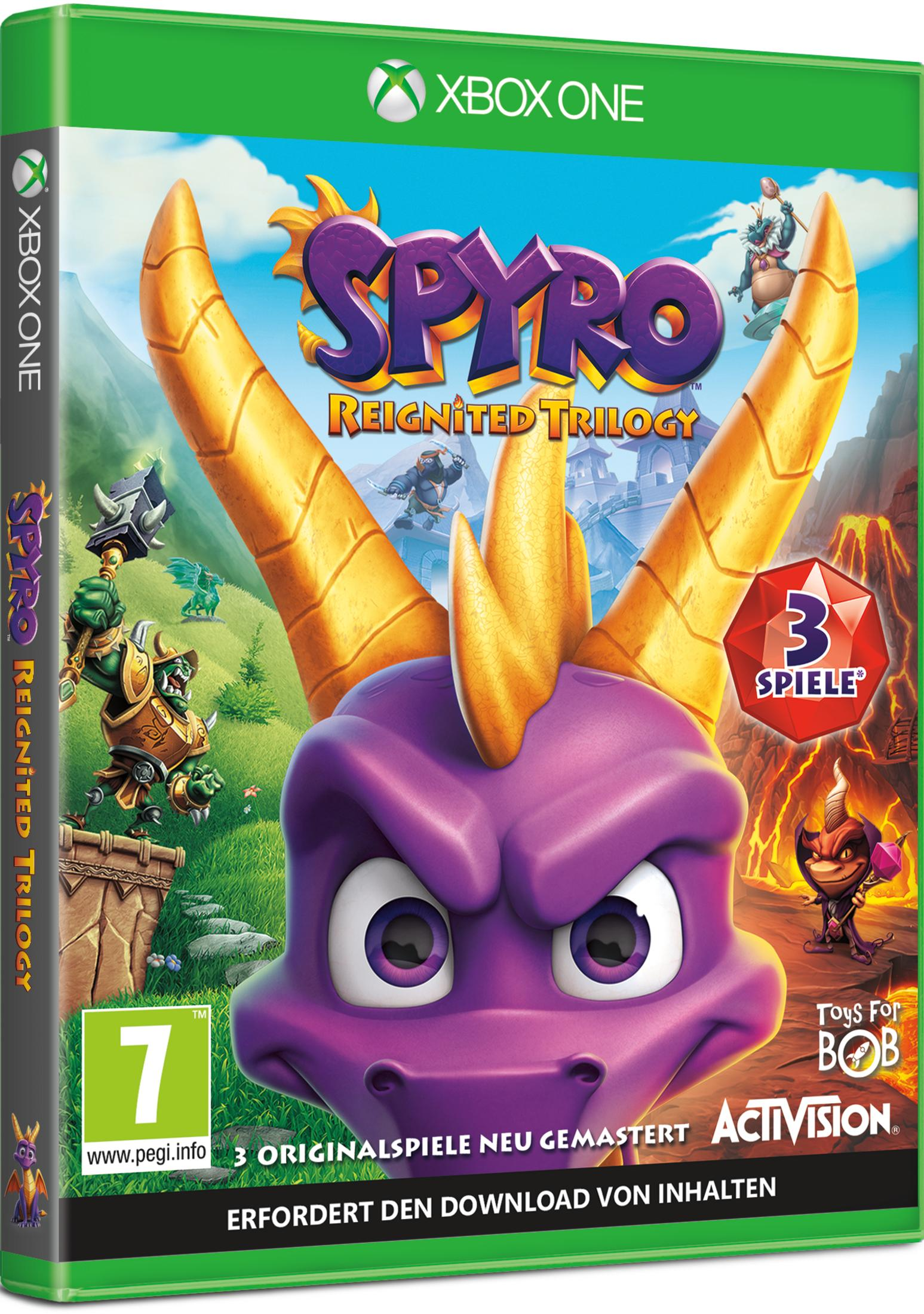 Spyro Reignited Trilogy Xbox One Spielhülle mit lila Drachenkopf und Spielcharakteren.