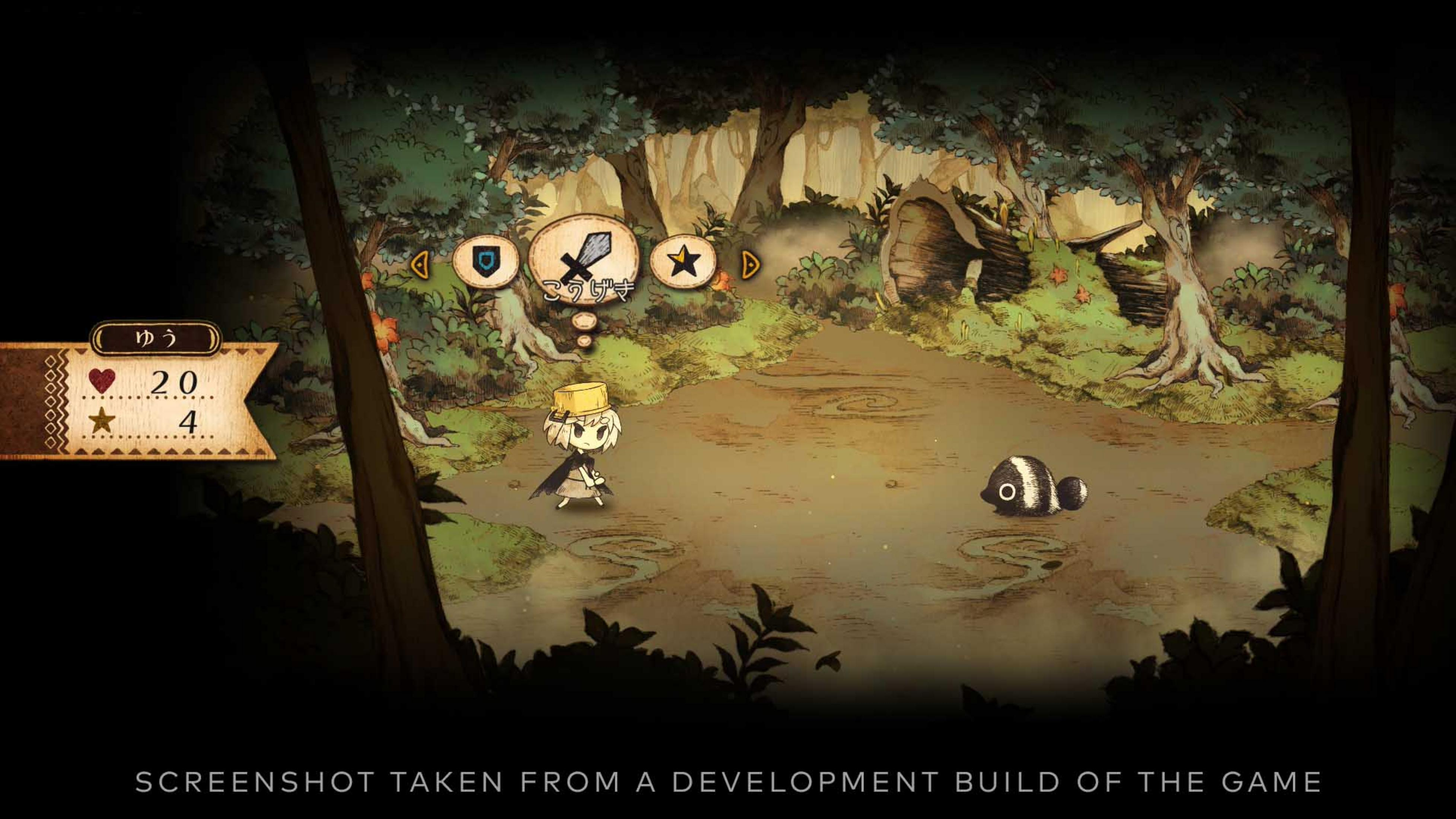 Ein Mädchen mit gelbem Hut im Wald, neben einem Teich mit einem Fisch.