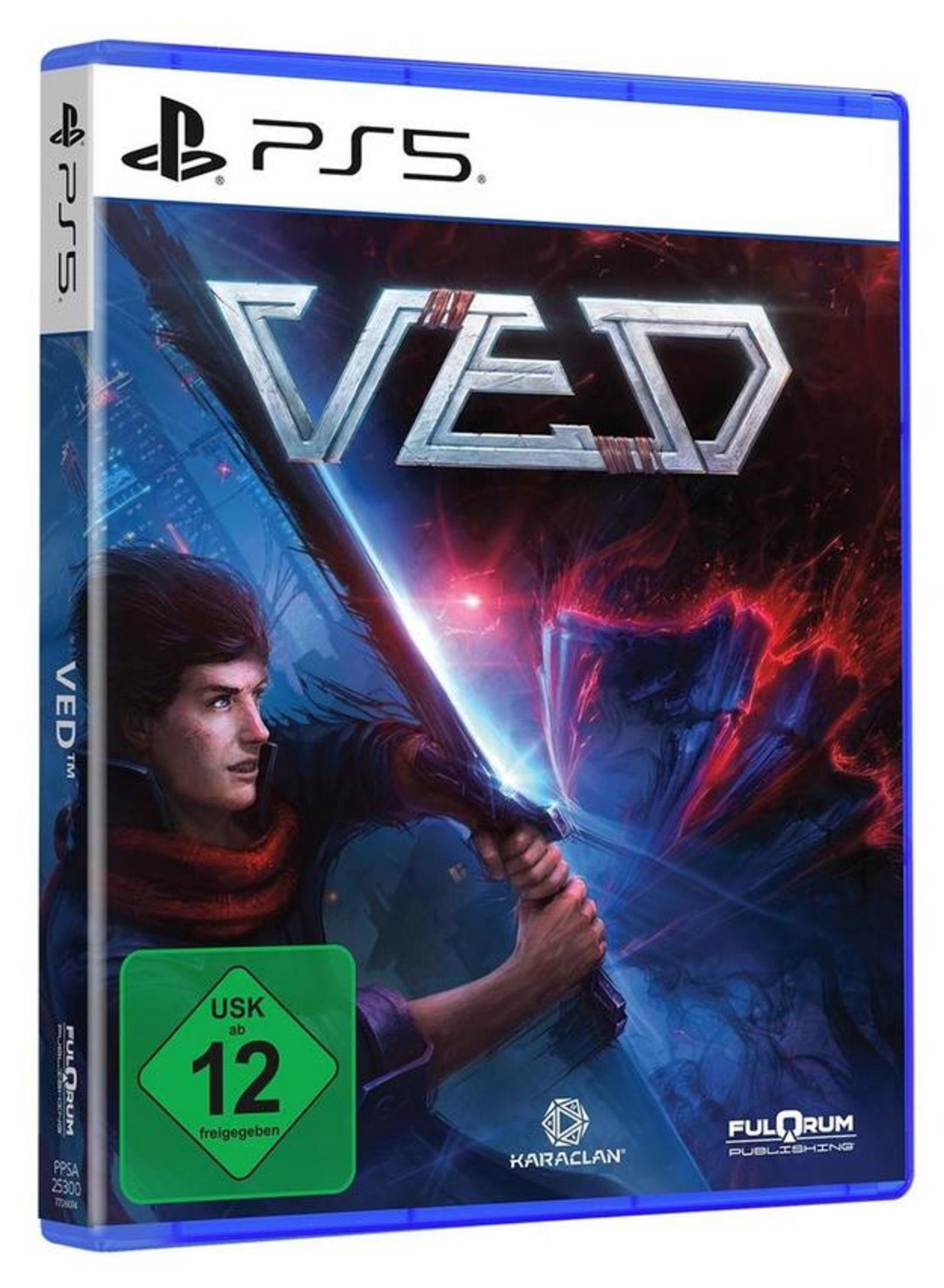PS5 Spiel "VED" Hülle mit Krieger und rotem Nebel. USK 12 Siegel.