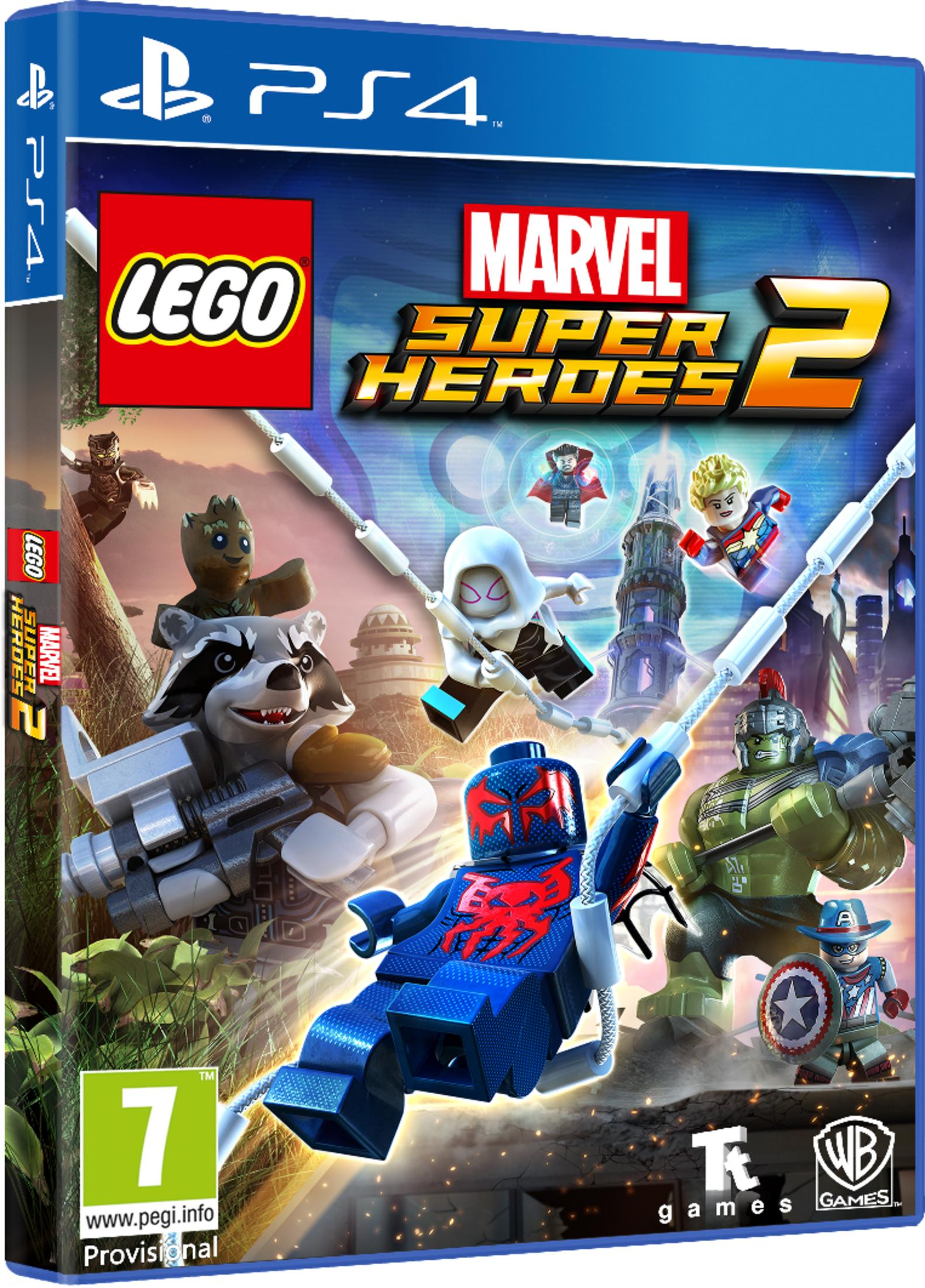 Couverture du jeu PS4 Lego Marvel Super Heroes 2 avec des héros comme Spider-Man 2099 et Hulk.