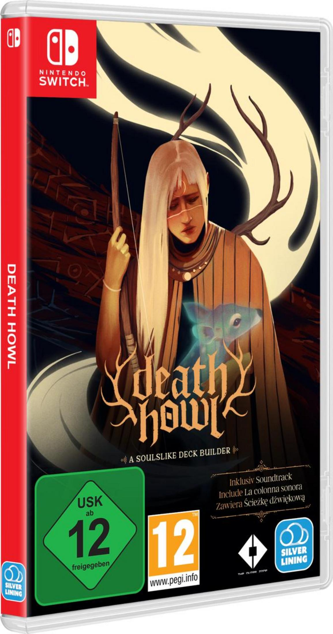 Une figure pâle aux cheveux blancs et bois tient un arc. Pochette du jeu "Death Howl".