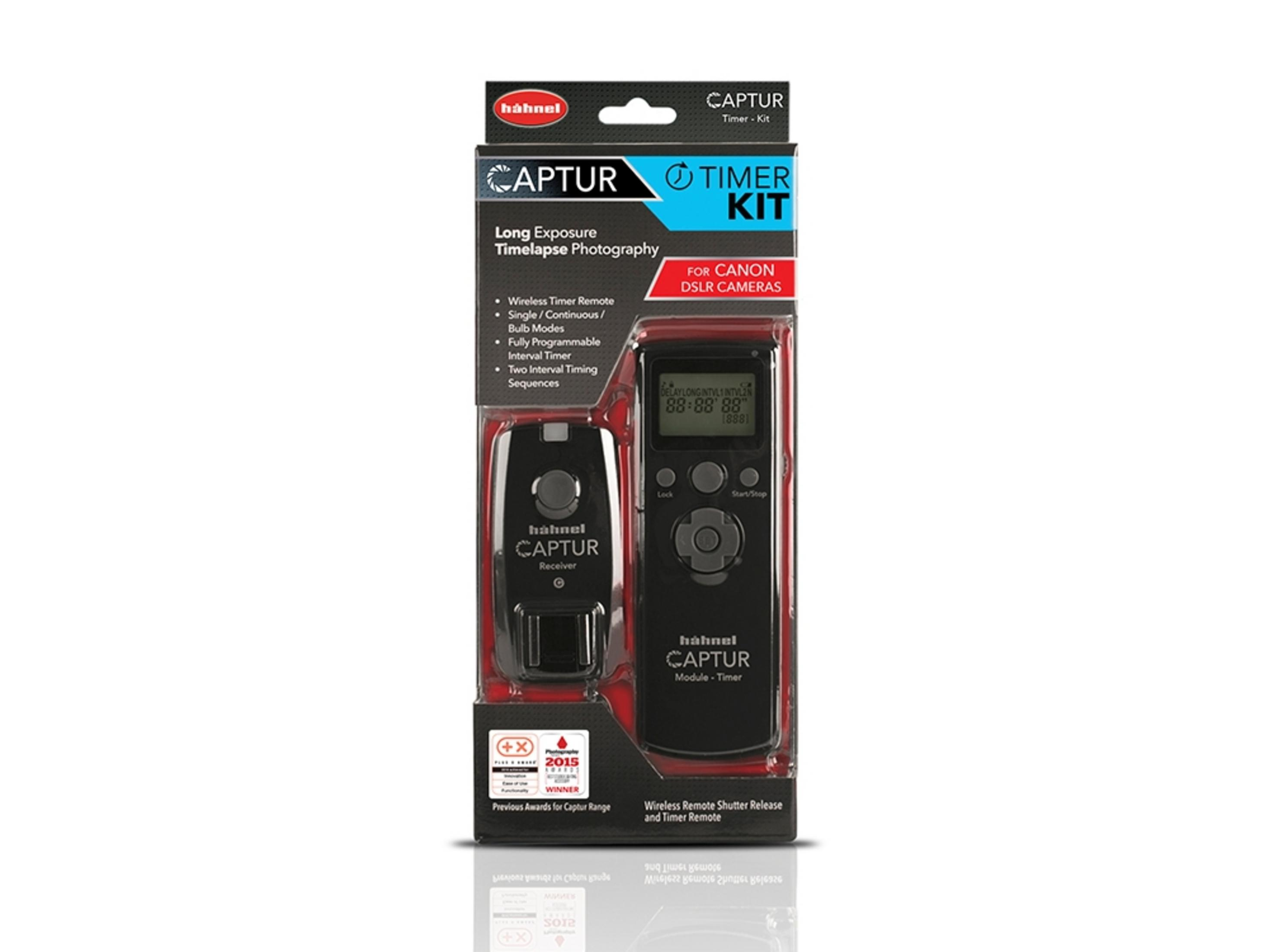 Verpackung eines Hähnel Captur Timer Kit mit Fernbedienung und Empfänger.