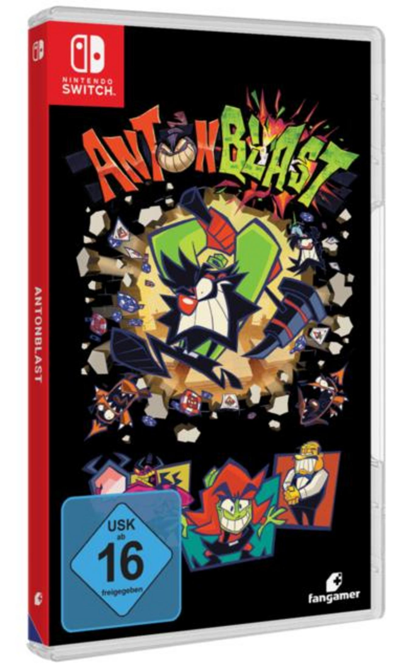 Jeu Nintendo Switch Antonblast avec personnages de dessins animés et classification USK 16.