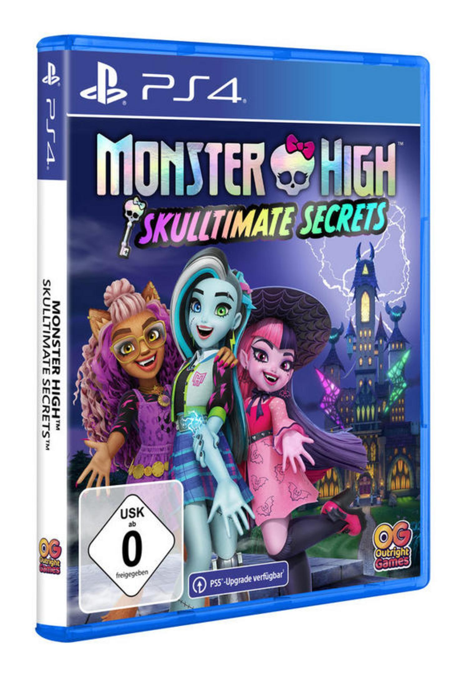 Jeu PS4 "Monster High: Skulltimate Secrets" avec trois personnages devant un château.