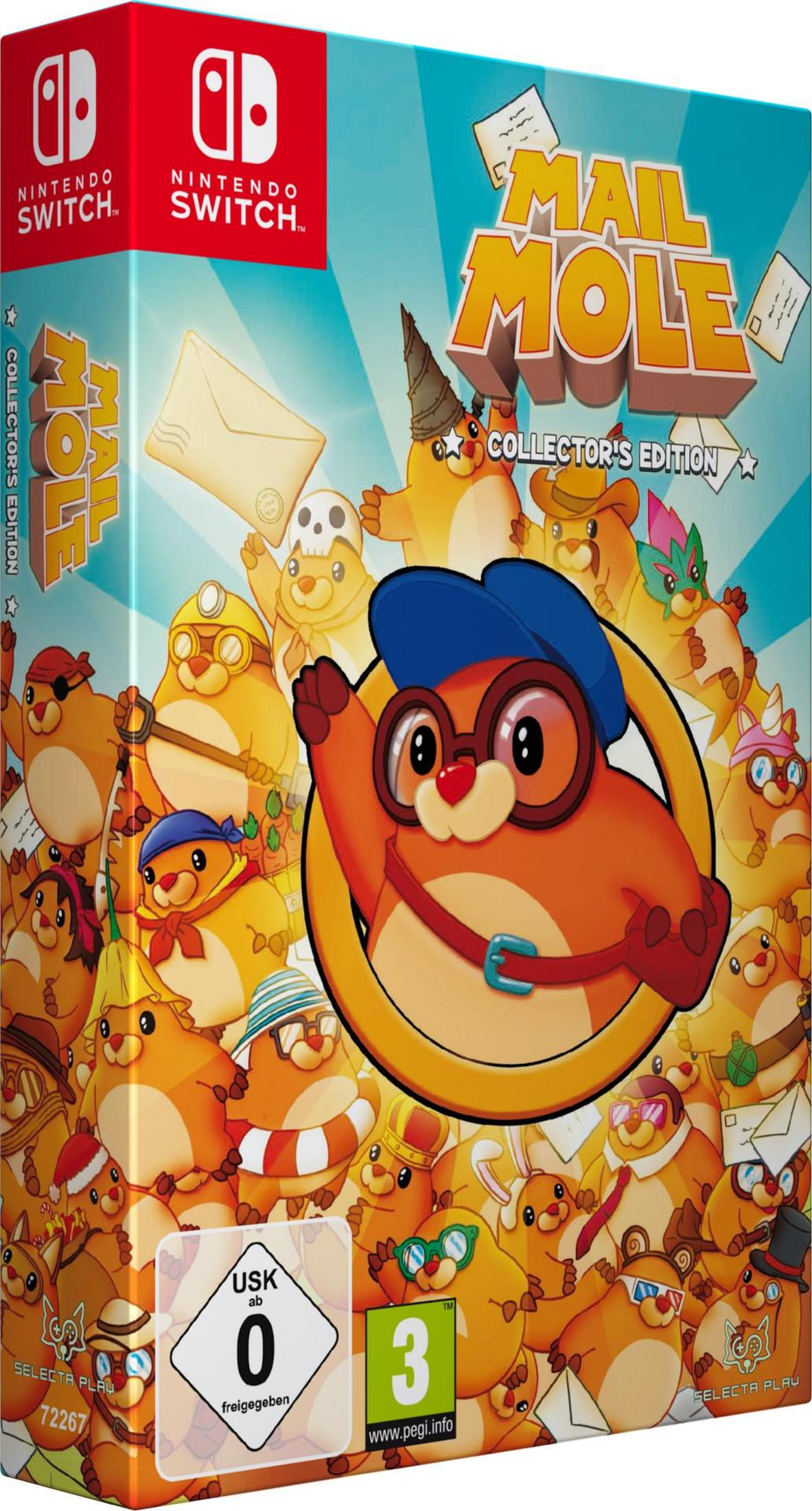 Pudełko gry Mail Mole Collector's Edition na Nintendo Switch, z wieloma kretami.