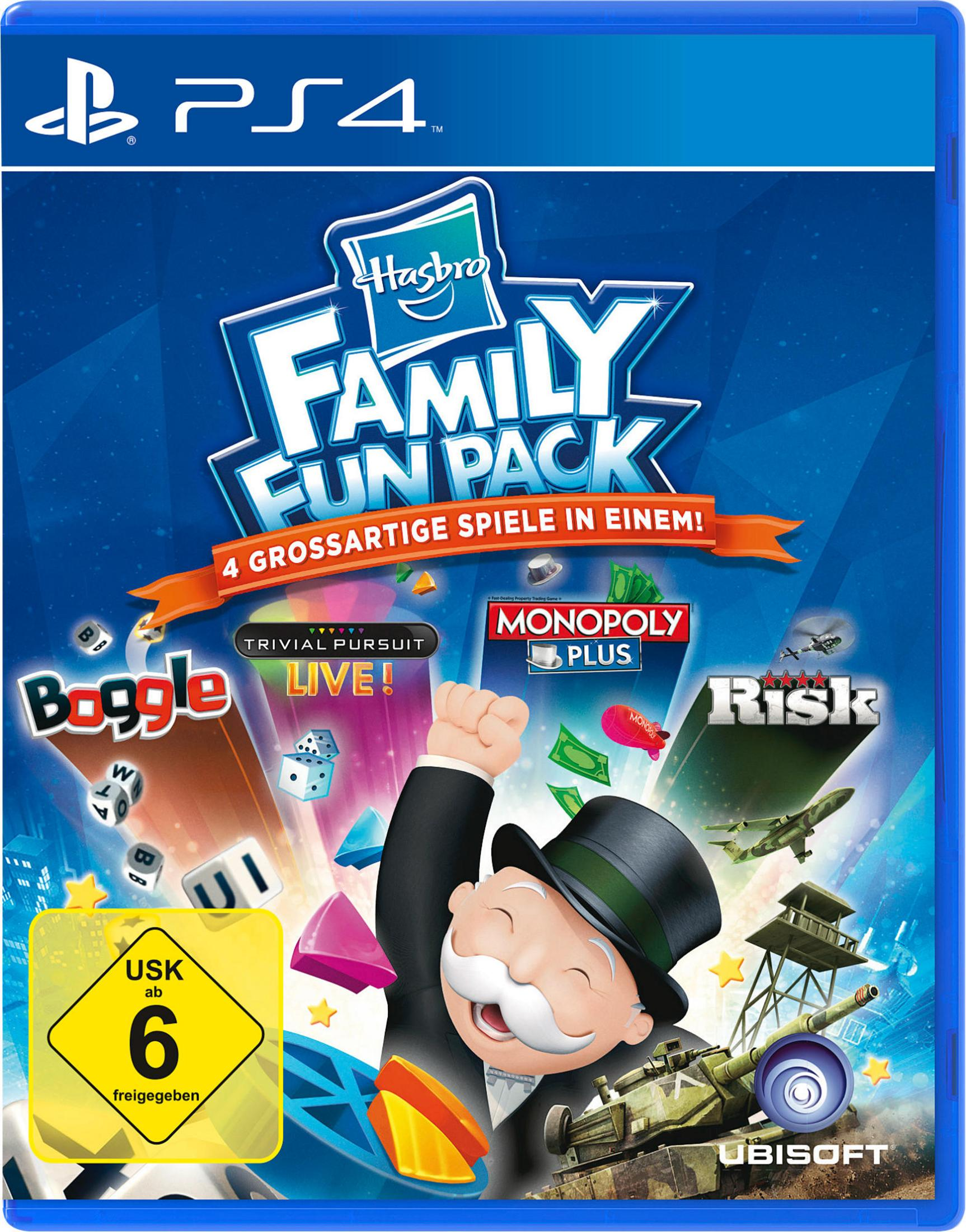 PS4-Spielcover: Hasbro Family Fun Pack mit Monopoly, Risk, Boggle, Trivial Pursuit.