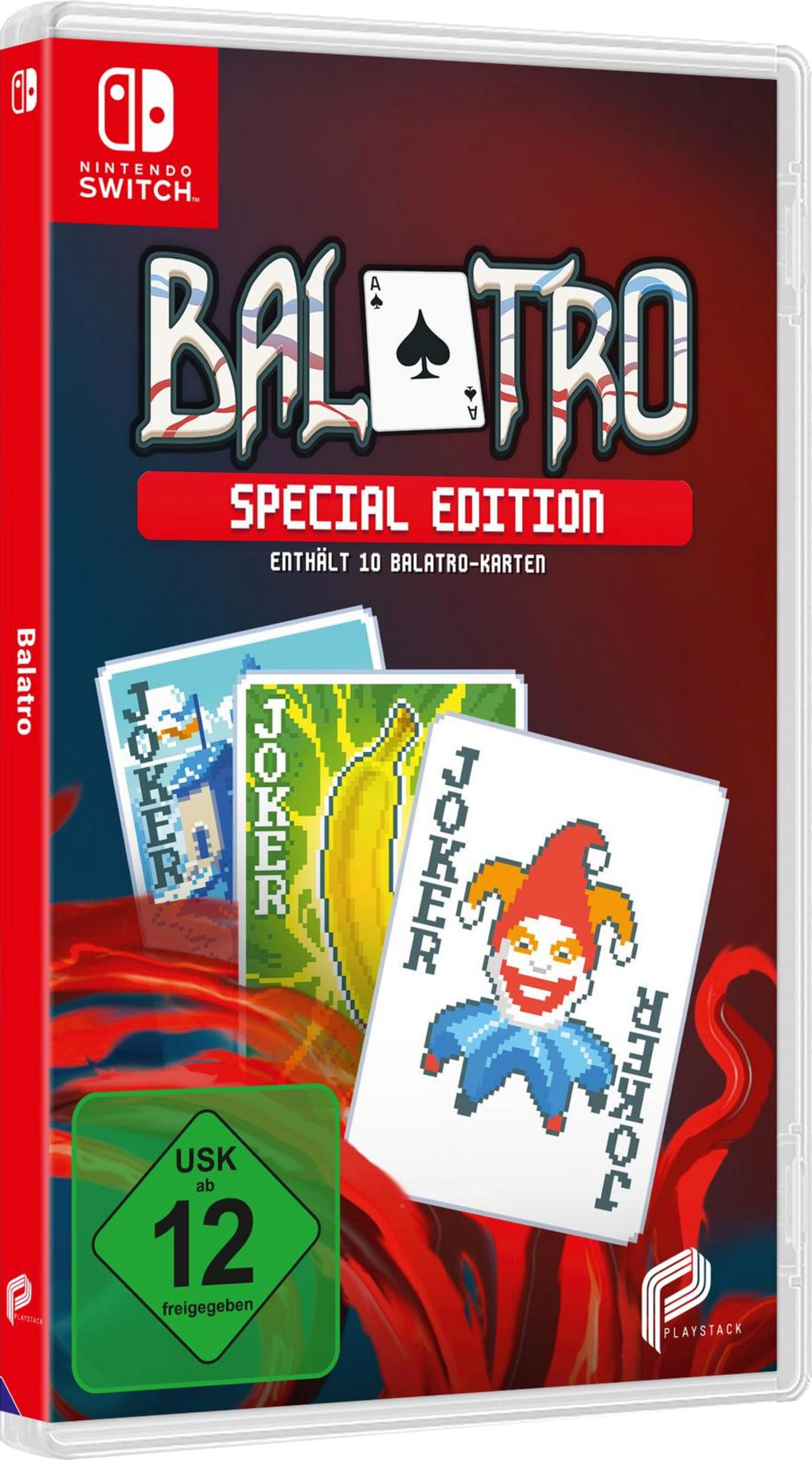 Nintendo Switch Spiel "Balatro" Special Edition Hülle mit Spielkarten-Motiven und USK 12 Logo.
