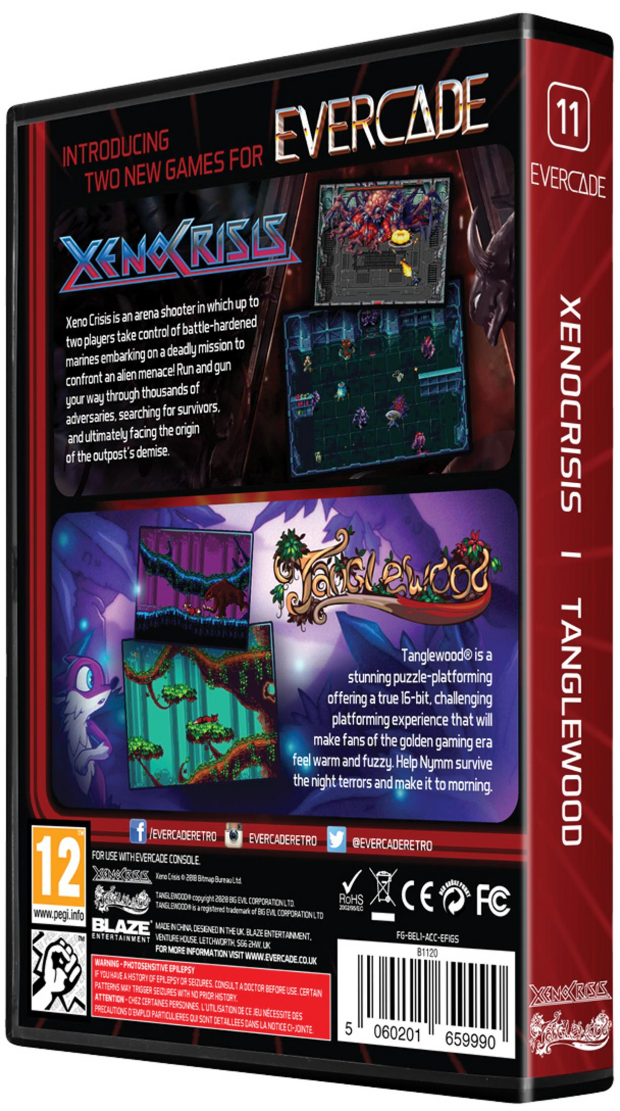Pudełko gry Evercade Xenocrisis & Tanglewood zrzutami ekranu i oceną PEGI 12.