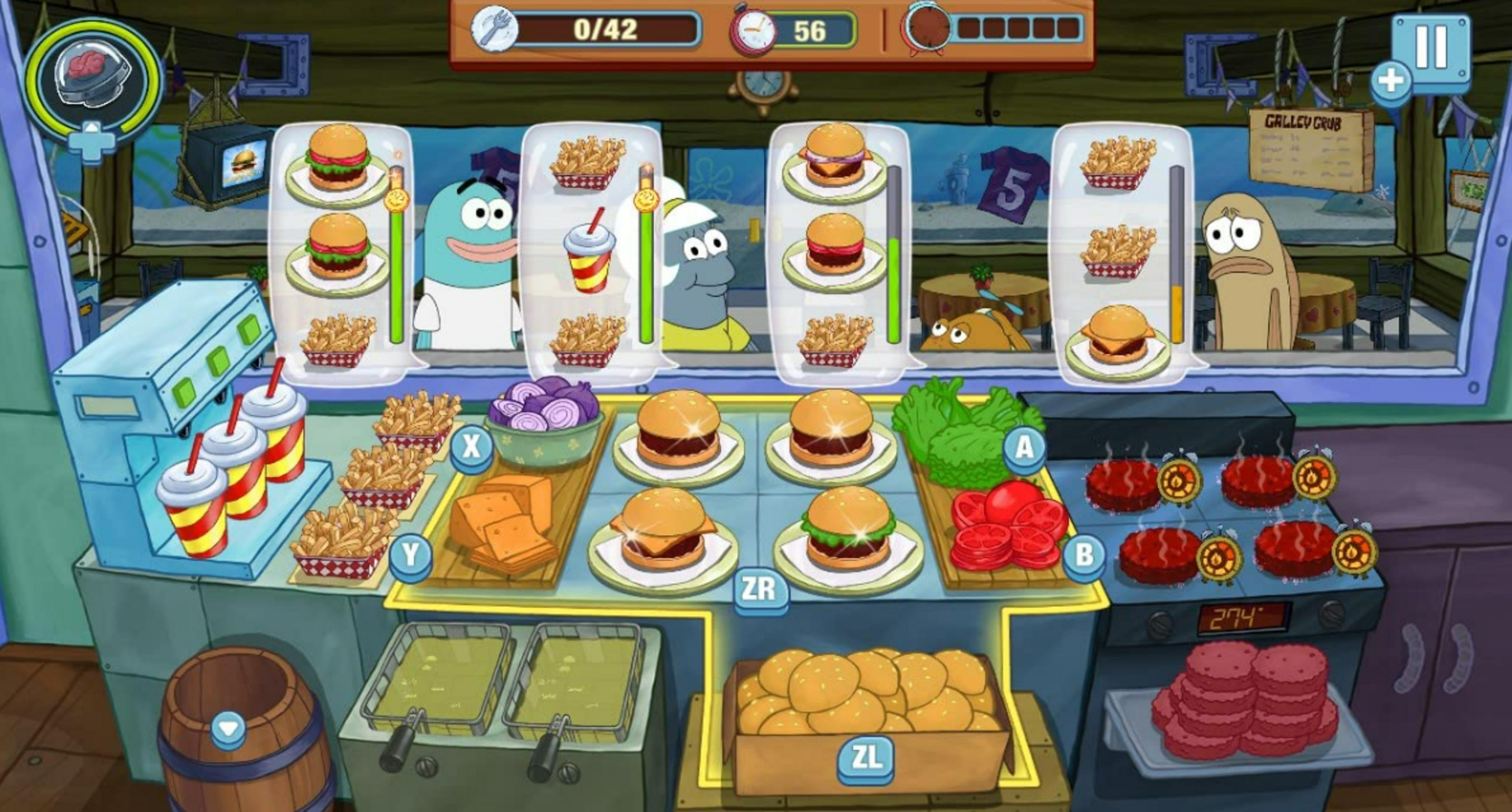 Spongebob-Burger-Kochspiel: Burger, Pommes, Getränke und Kunden.