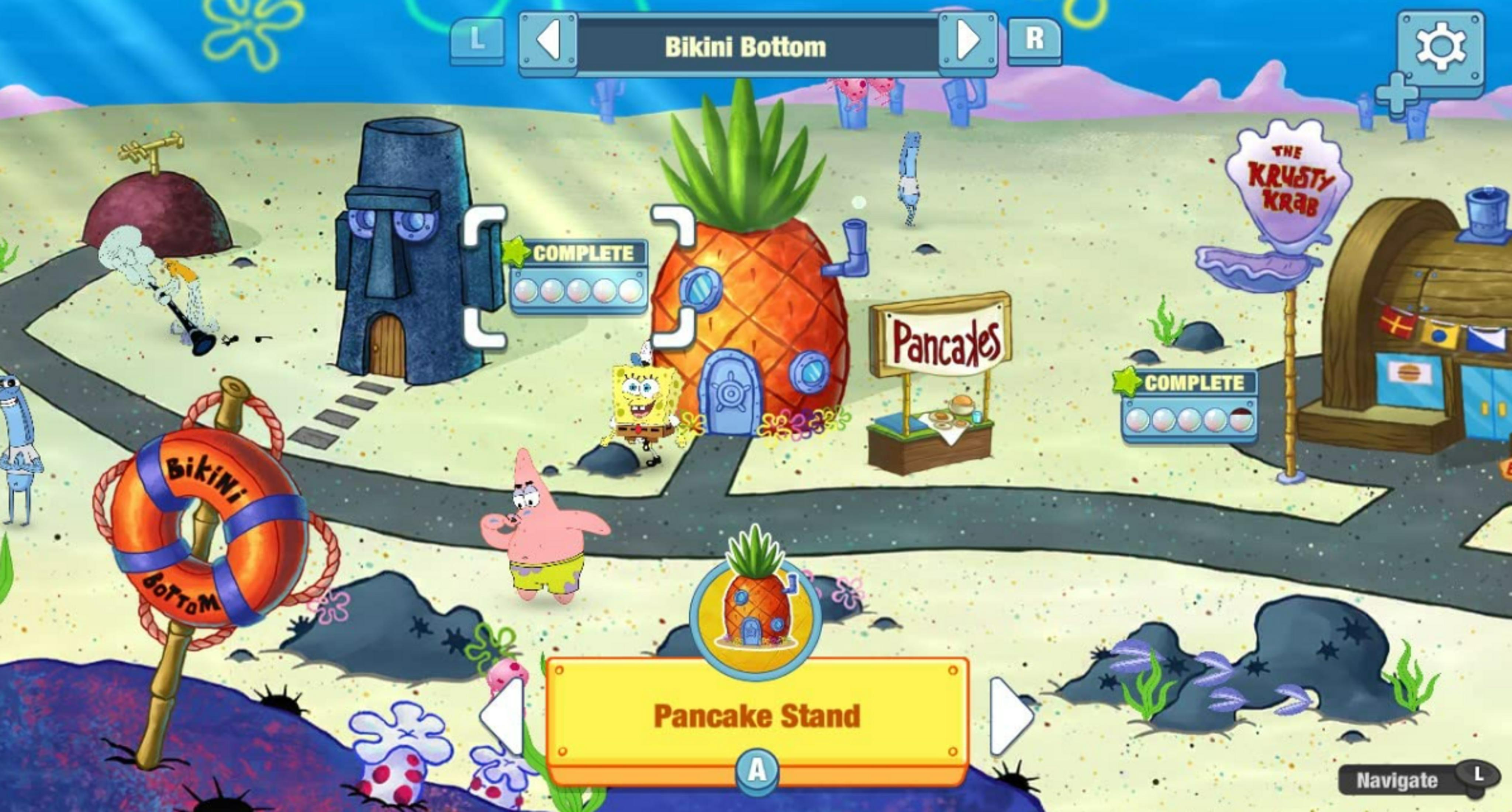Spongebob-Charaktere in Bikini Bottom, mit Spongebobs Ananas-Haus und dem Krusty Krab.