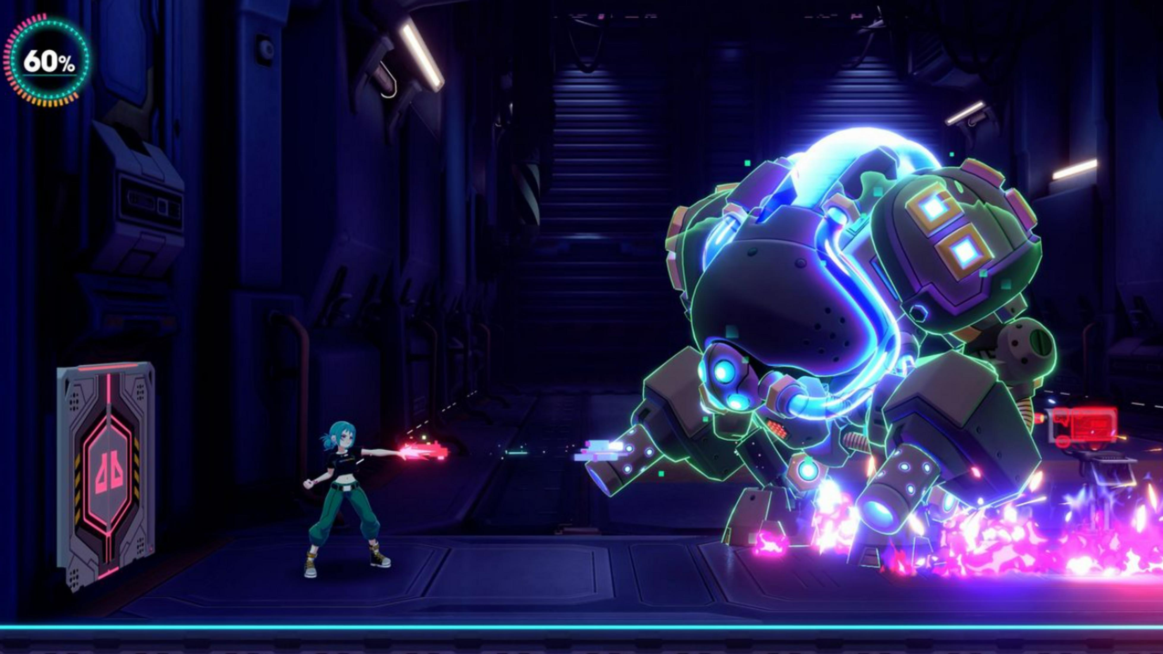 Una donna combatte un robot gigante in un corridoio buio illuminato al neon.