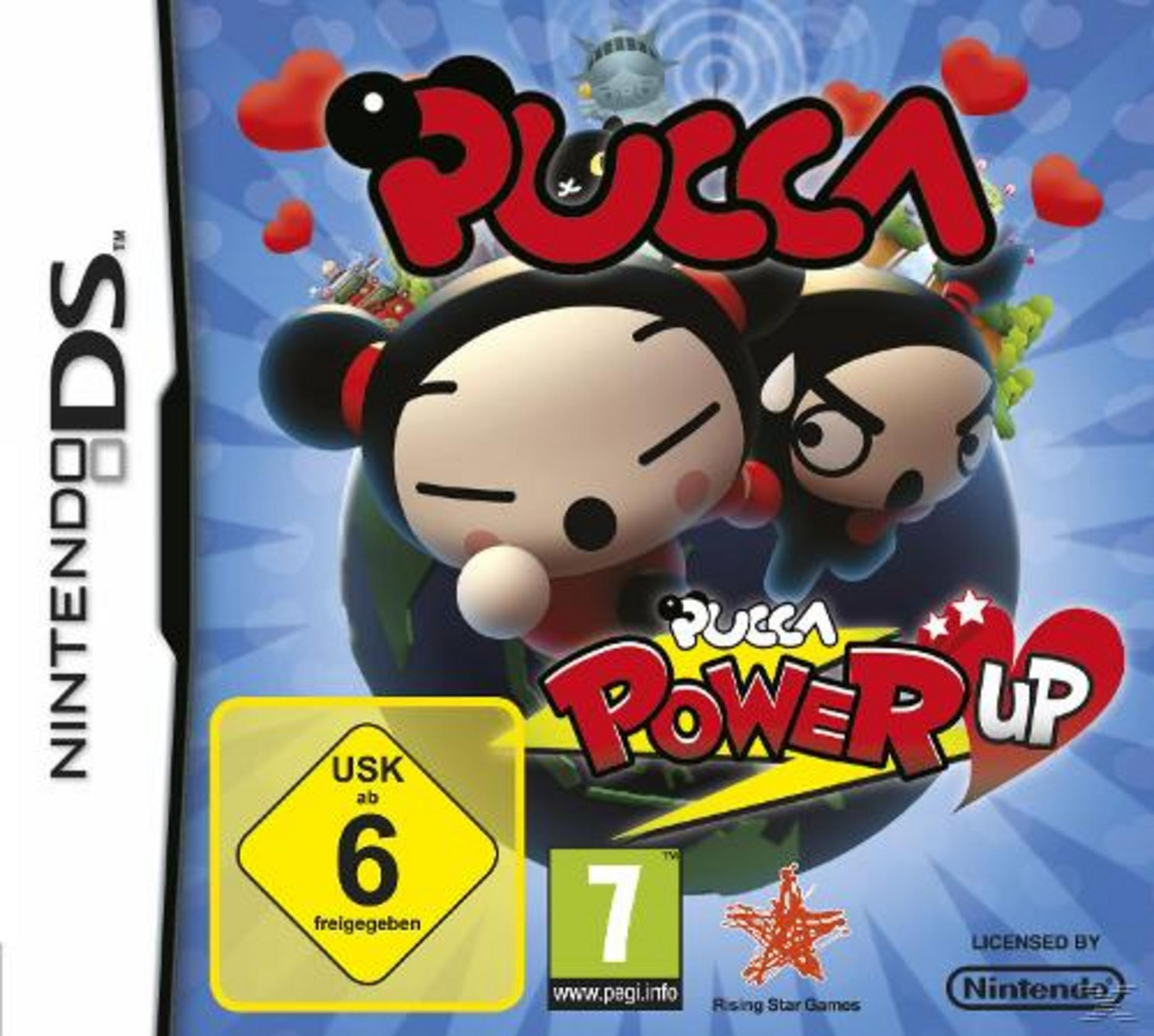 Nintendo DS Spielcover mit Pucca und Garu, "Pucca Power Up" Schriftzug.