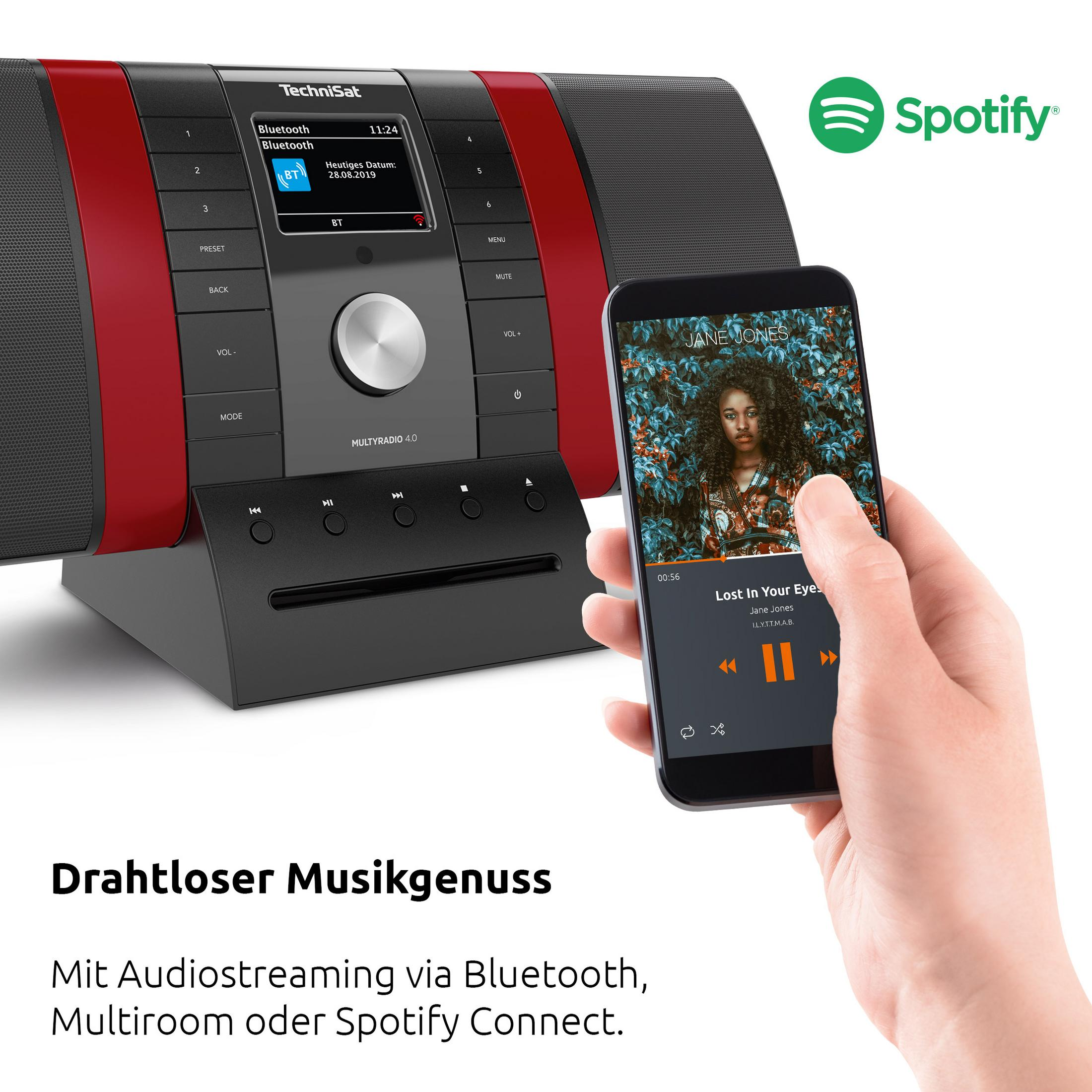 TechniSat Multiradio con Spotify e smartphone. Design rosso e nero.