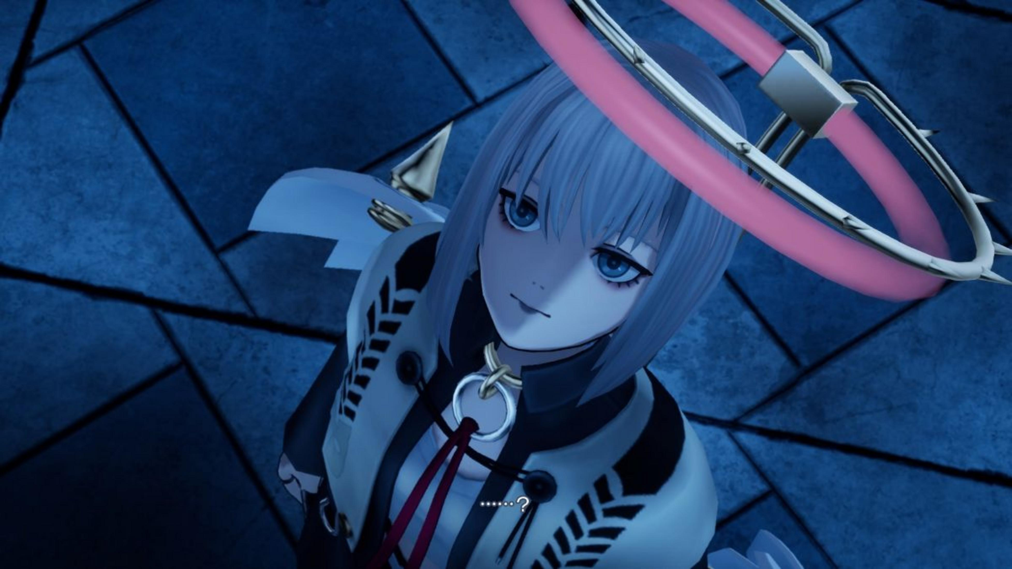 Anime-Figur mit blauen Augen und silbernem Haar, trägt einen schwarzen und weißen Mantel.