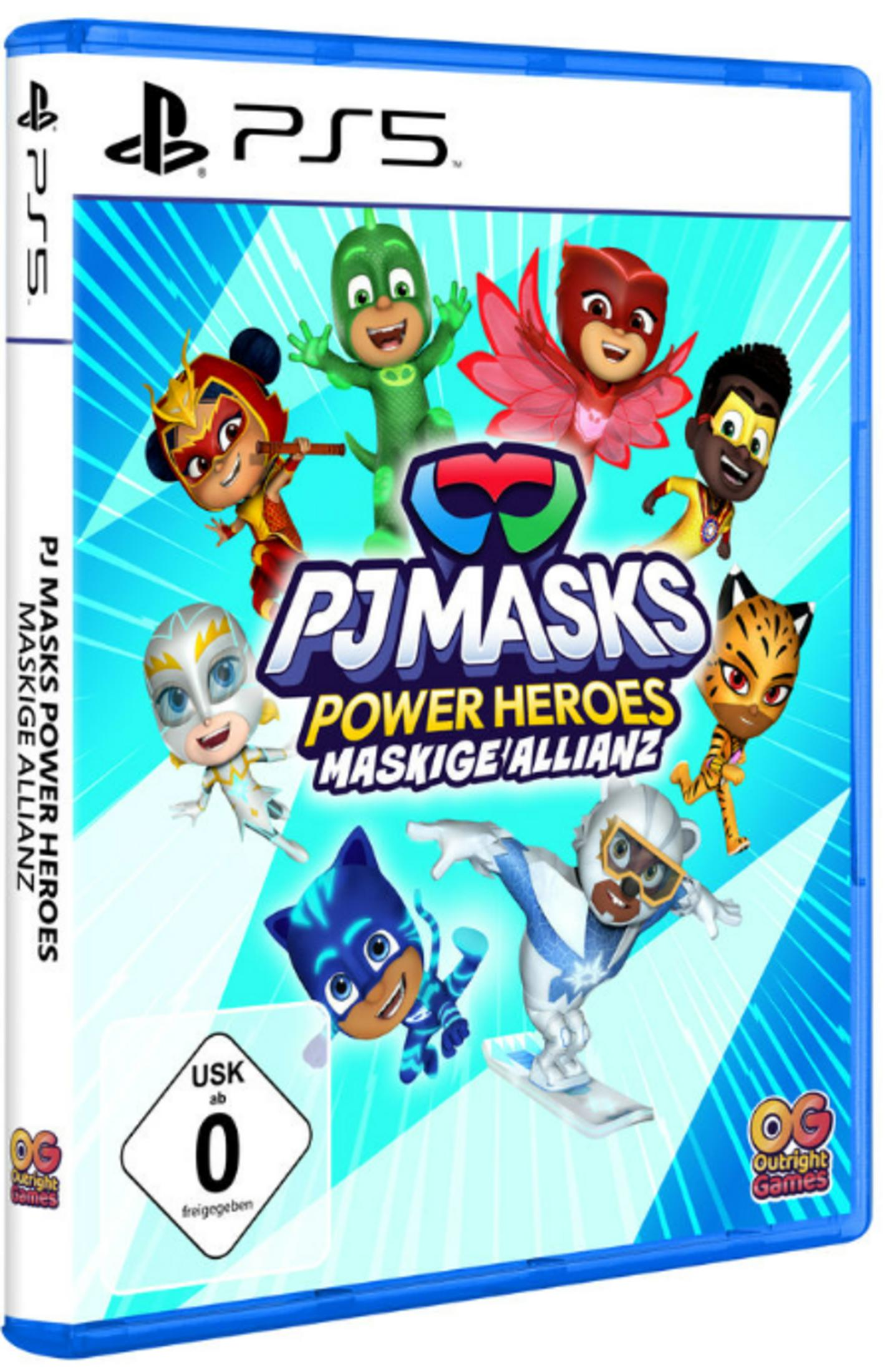Copertina del gioco PJ Masks Power Heroes Maskige Allianz PS5 con personaggi colorati e logo PS5.