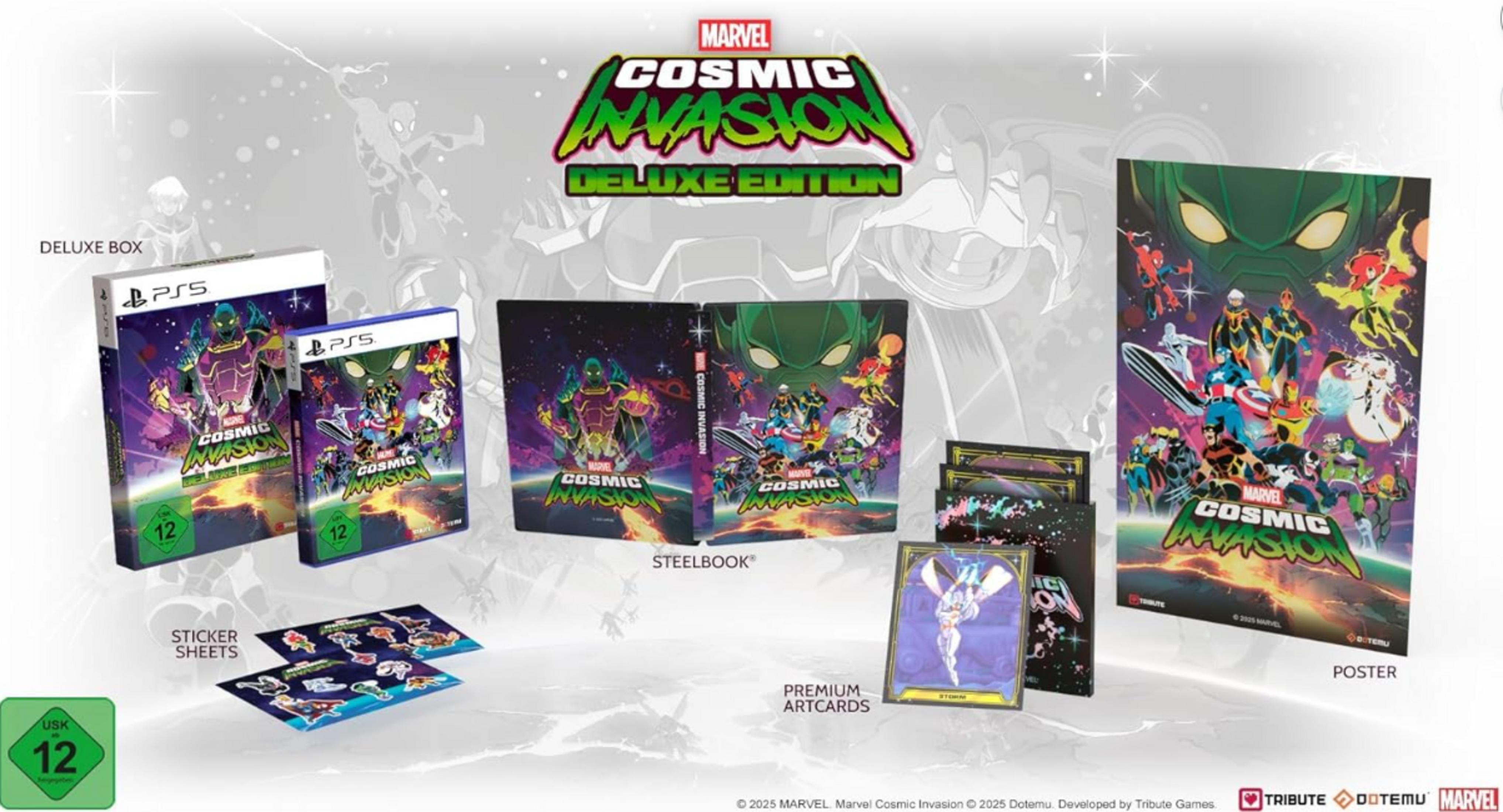 Marvel Cosmic Invasion Edizione Deluxe per PS5: box, steelbook, adesivi, carte, poster.