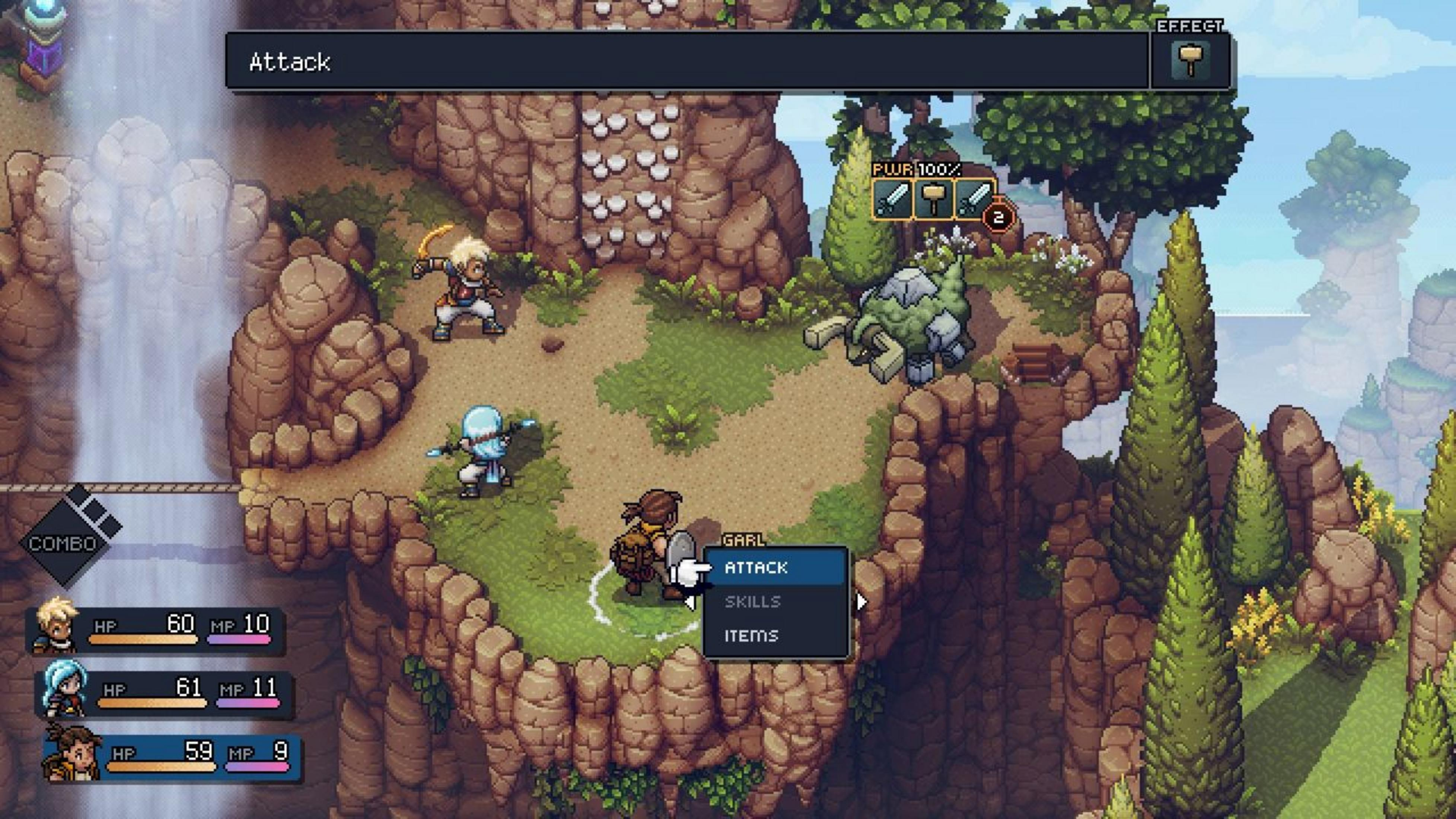 Pixel-Kampfszene mit Charakteren, Menüs und einer Wasserfalllandschaft.