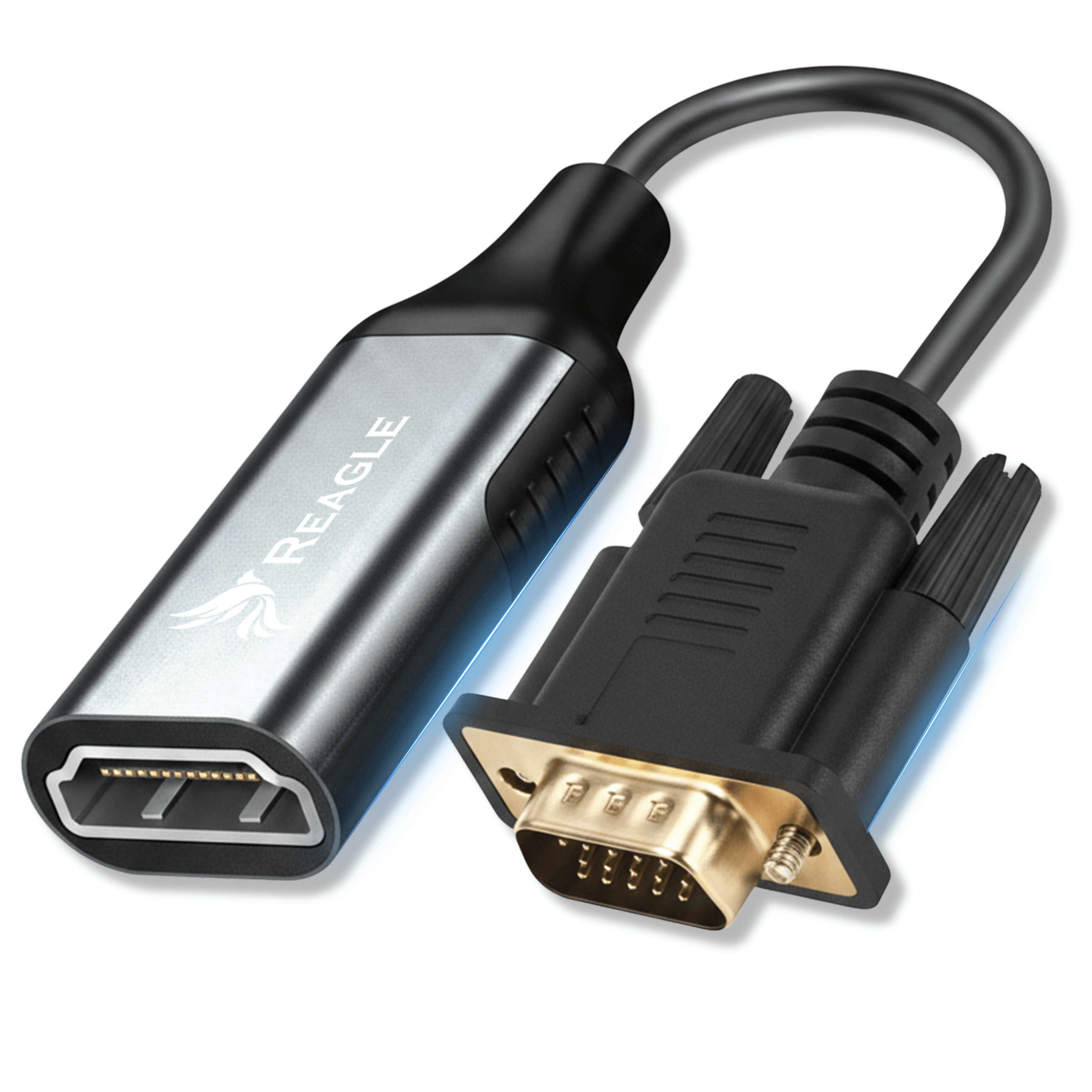 Czarny kabel łączy srebrny adapter ze złączem VGA.