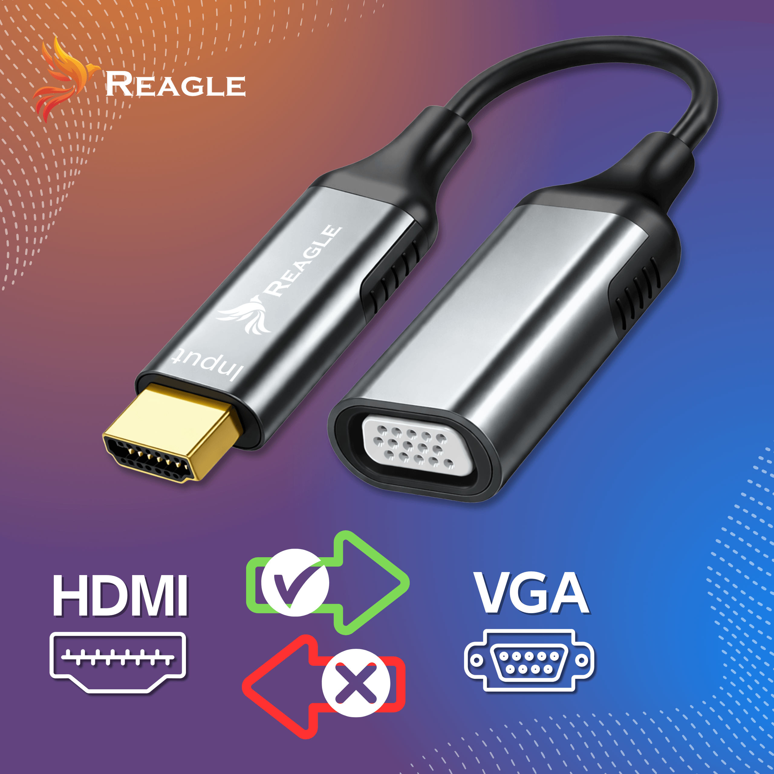 Kabel adaptera Reagle HDMI na VGA ze złotym złączem HDMI i srebrną obudową.