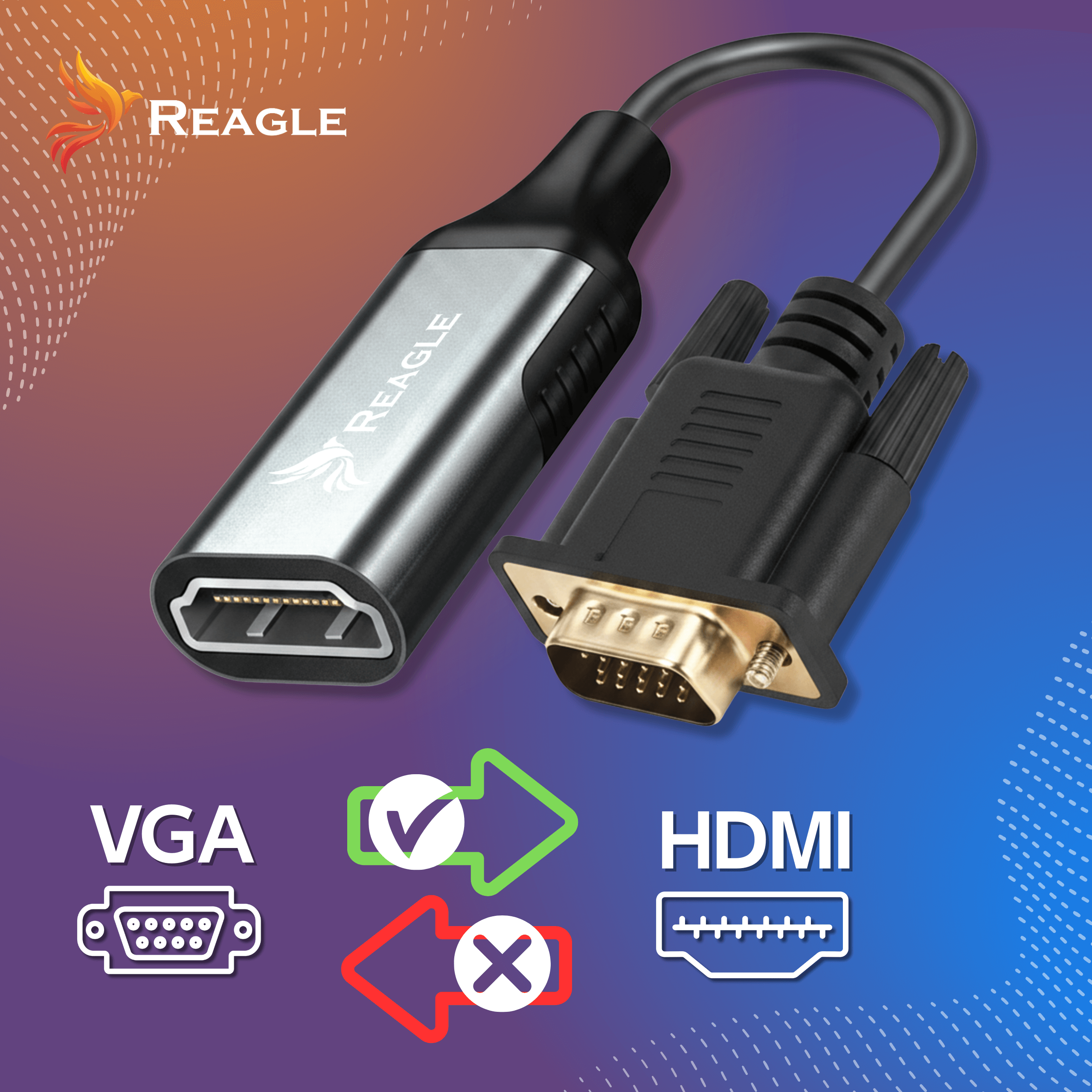 Kabel adaptera HDMI do VGA z logo Reagle. Po lewej VGA, po prawej HDMI.