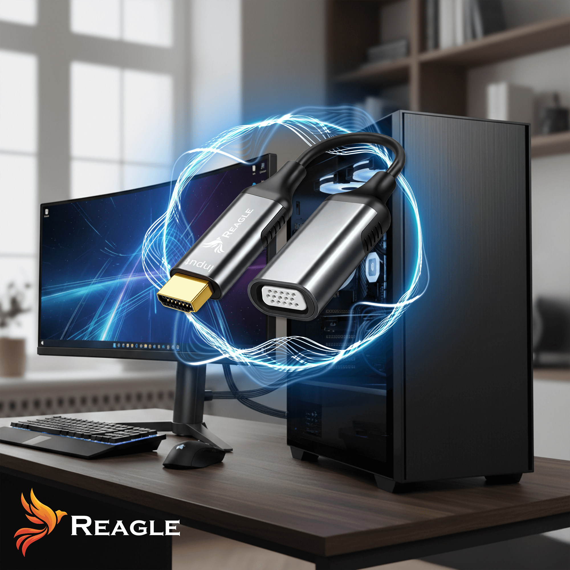 Adapter HDMI na VGA obok komputera i monitora, z niebieskimi efektami świetlnymi.