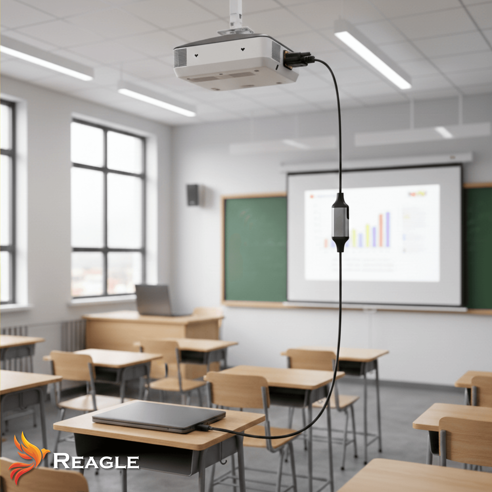 Projektor wisi pod sufitem, podłączony do laptopa na biurku.