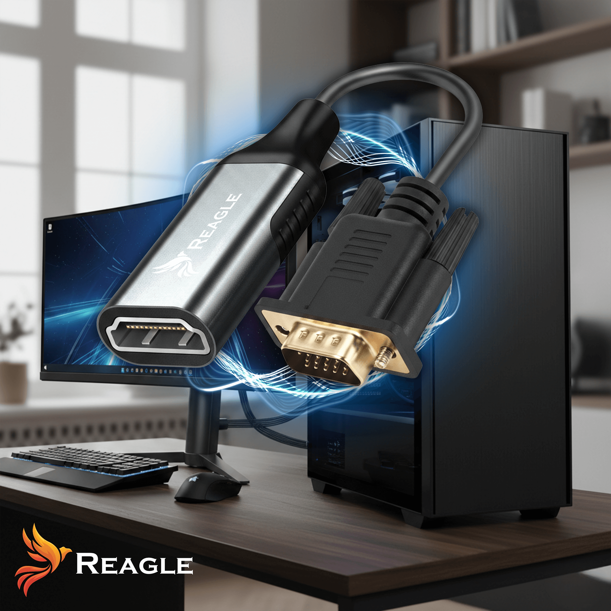 Kabel adaptera HDMI na VGA obok komputera i monitora na biurku.