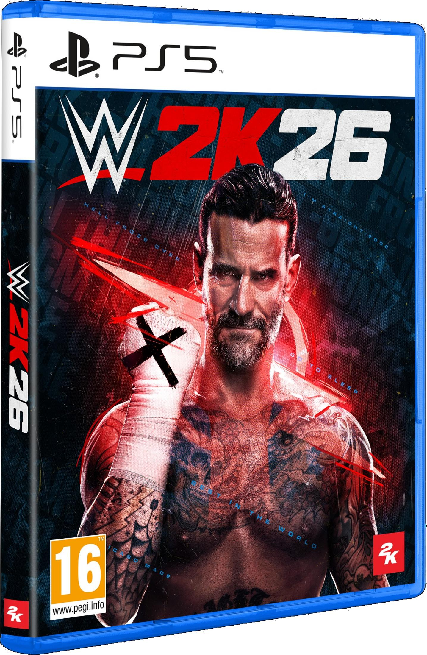 WWE 2K26 PS5-Hülle mit CM Punk, der eine Faust mit einem X trägt.