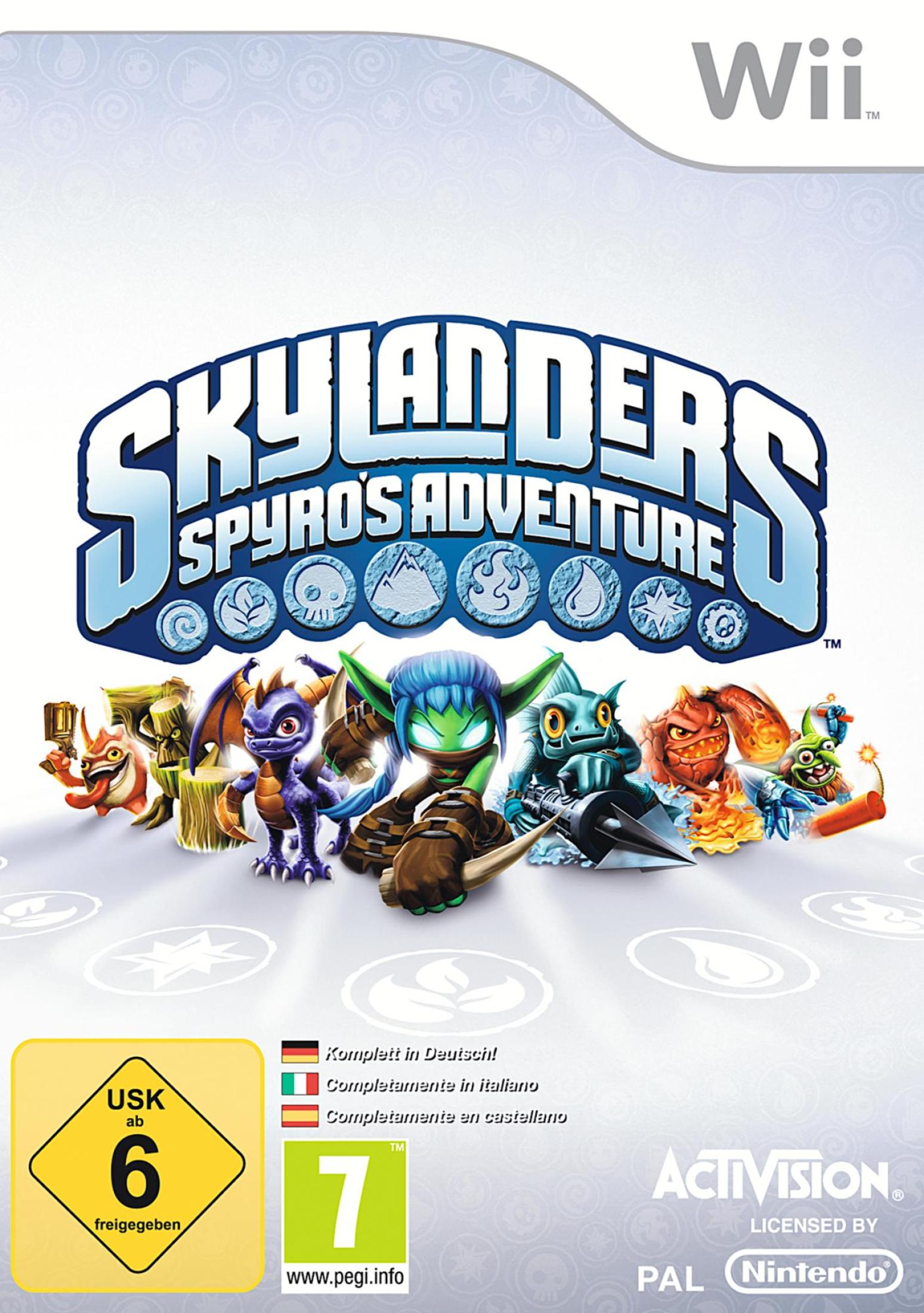 Skylanders Spyro's Adventure Wii-Spielcover mit Charakteren und USK 6-Siegel.