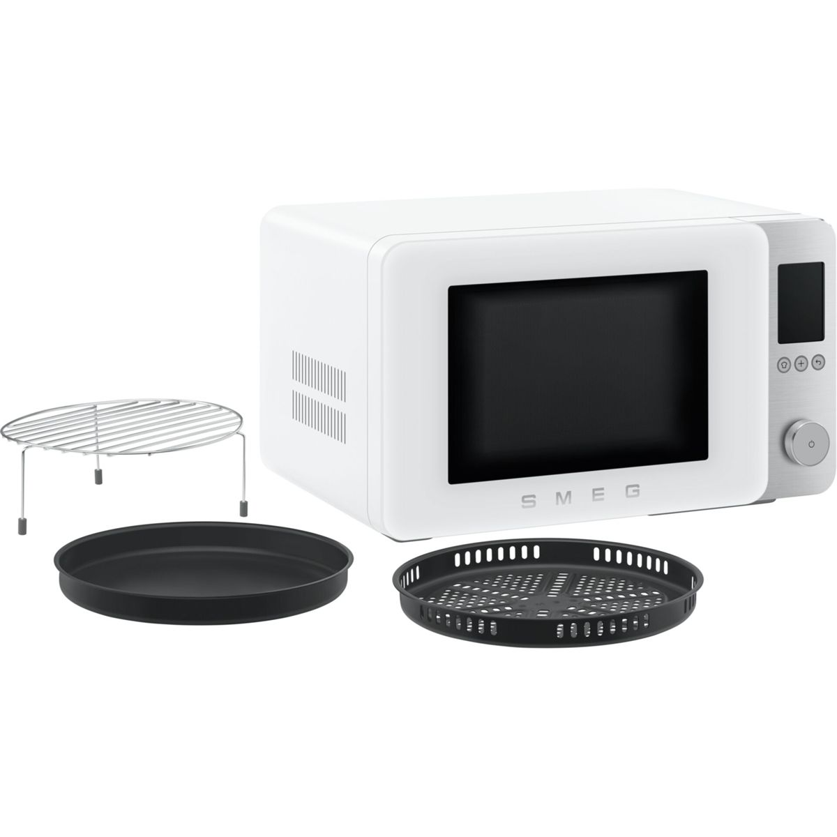 Un conjunto de horno microondas SMEG blanco con tres accesorios.