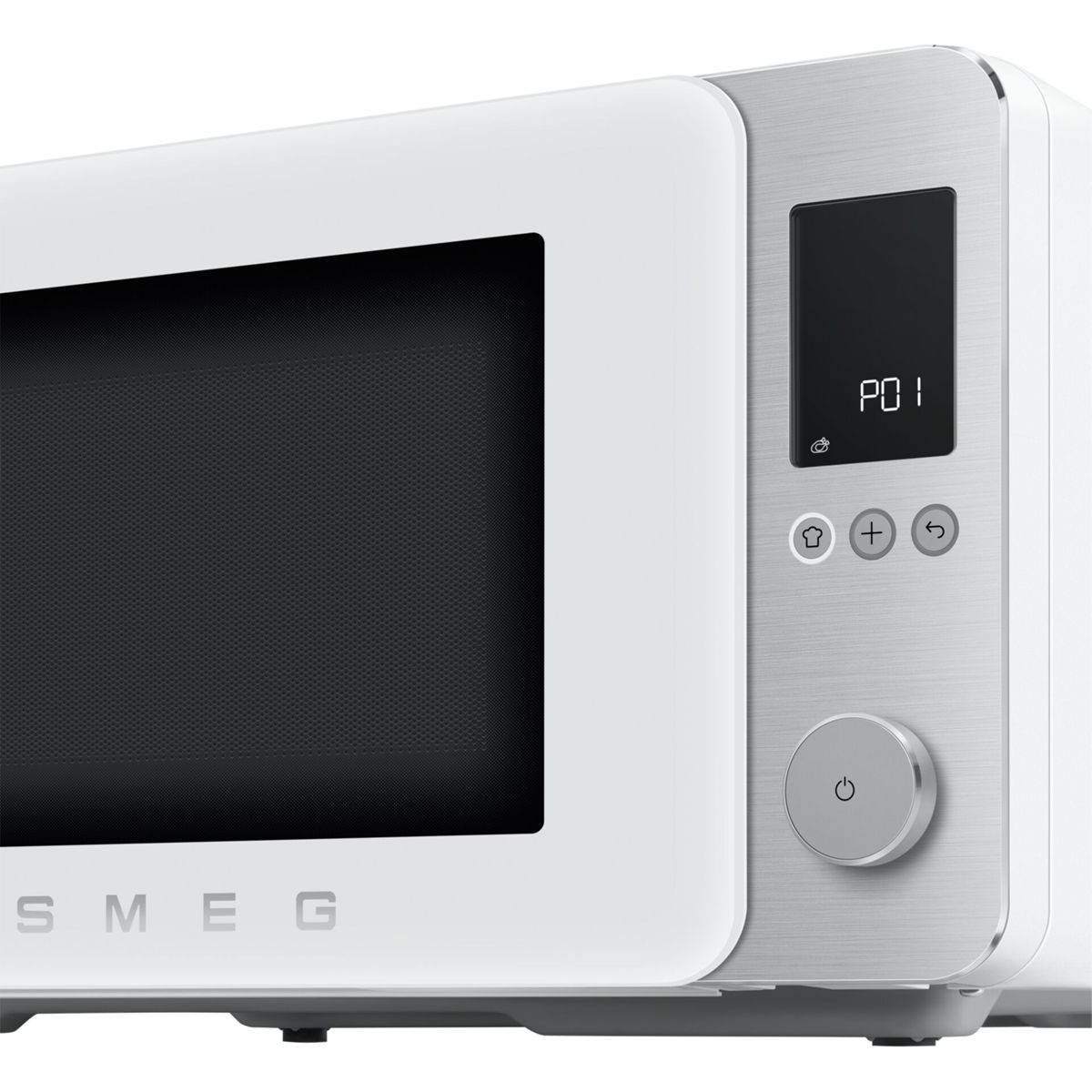 Un microondas SMEG blanco con pantalla digital y botones de control.