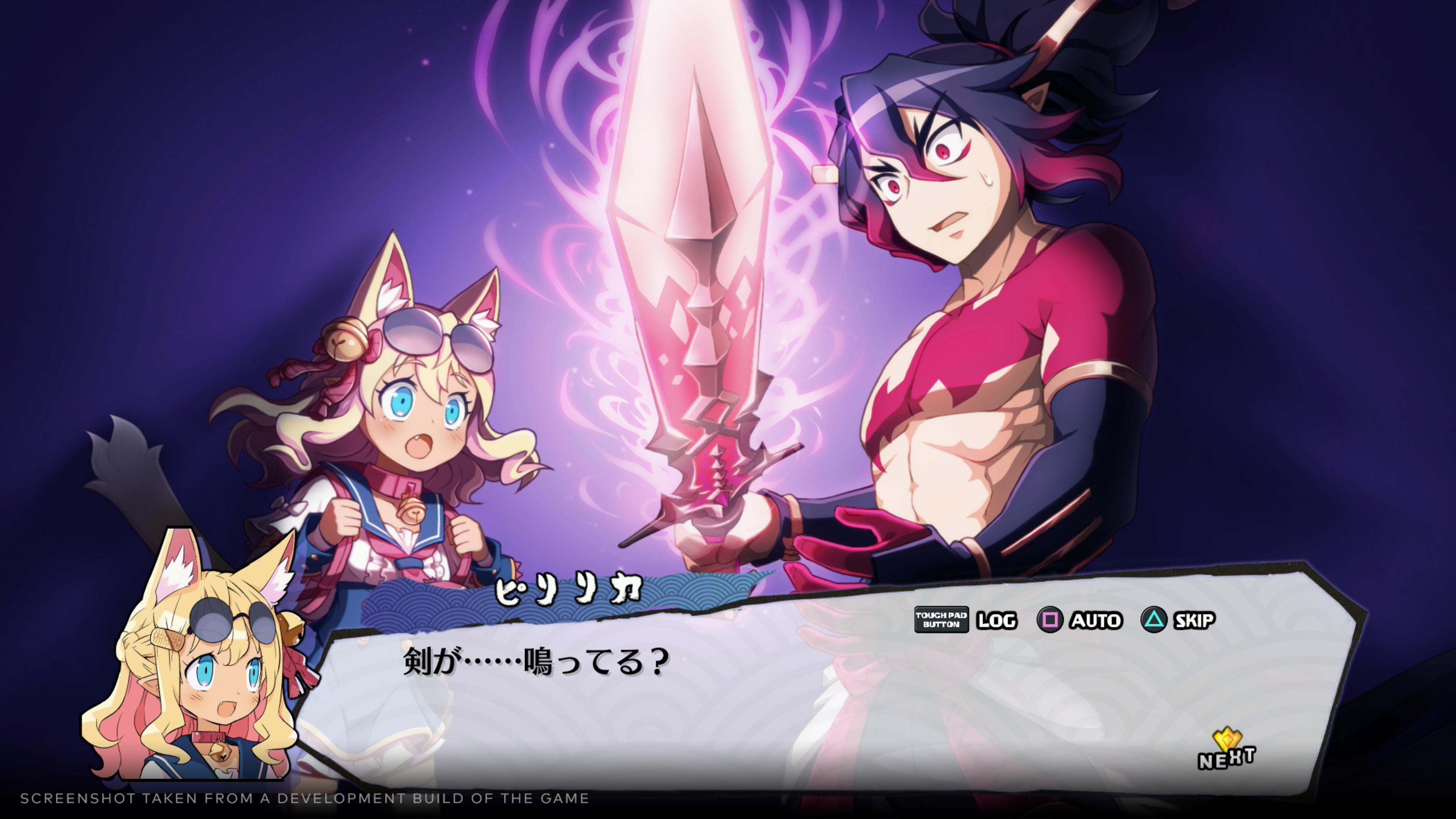Anime-Charaktere mit einem leuchtenden Schwert auf lila Hintergrund.