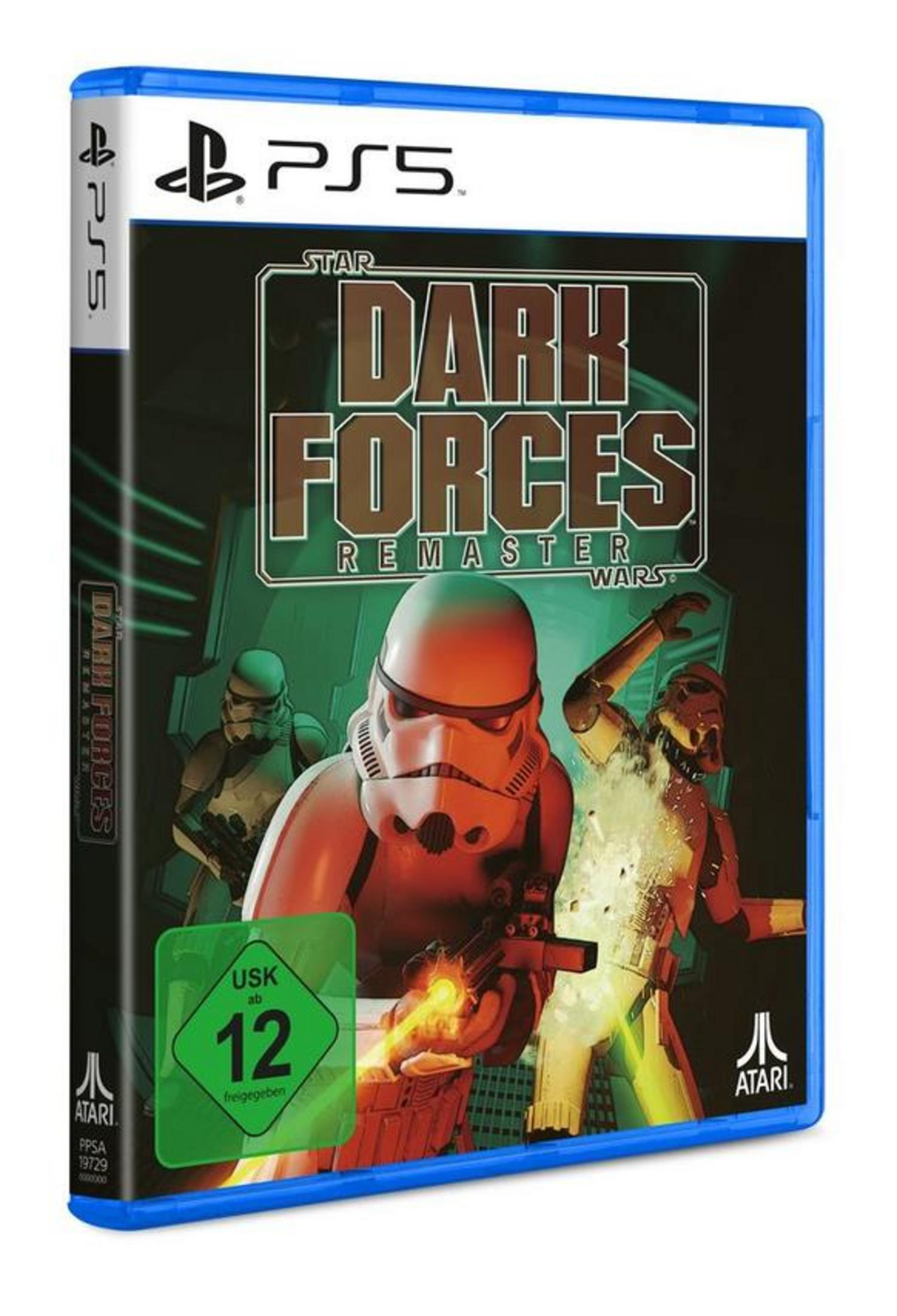 Boîtier de jeu PS5 : Star Wars Dark Forces Remaster avec des Stormtroopers et logo Atari.