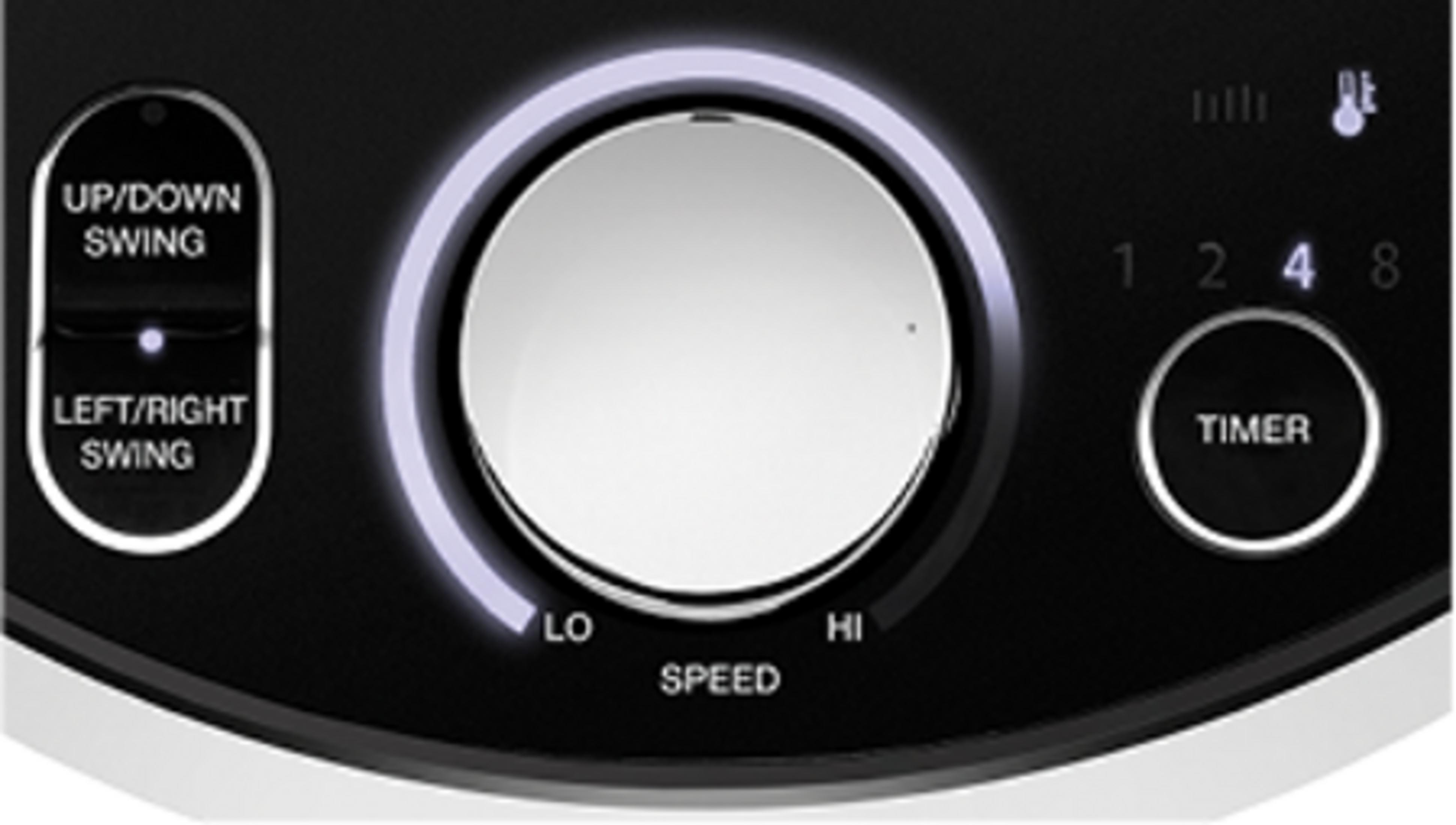 Panel de control con dial de velocidad del ventilador, botón de temporizador y opciones de oscilación.