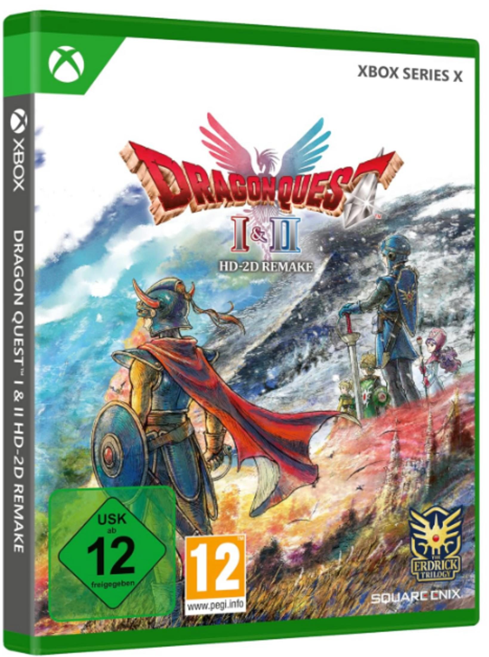 Xbox Hülle mit Dragon Quest I & II HD-2D Remake Artwork. Charaktere im Vordergrund.