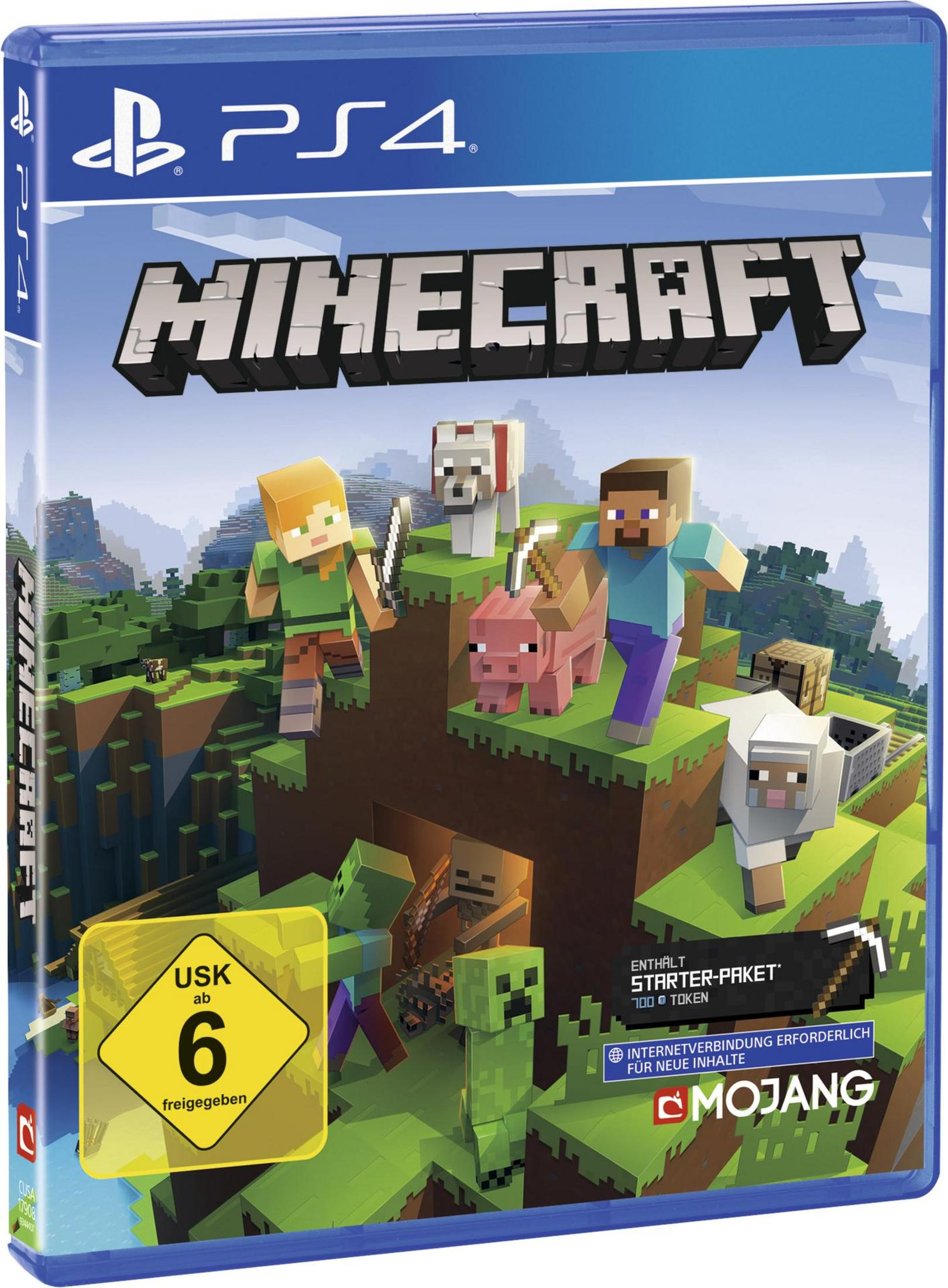 Minecraft PS4-Spielhülle mit Charakteren wie Steve, Alex, Schwein, Hund und Schaf.