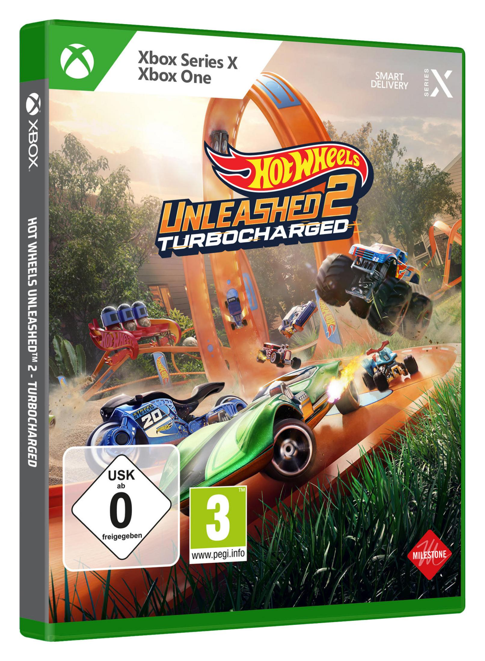 Hot Wheels Unleashed 2: Rennspielcover mit Autos auf einer Strecke, Xbox Series X/One.