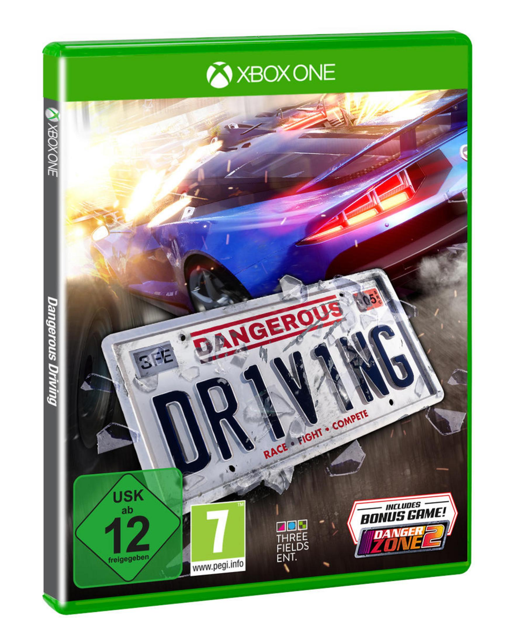 Xbox One Spielcover: Blauer Rennwagen, zerbrochenes Nummernschild mit DANGEROUS DRIVING.