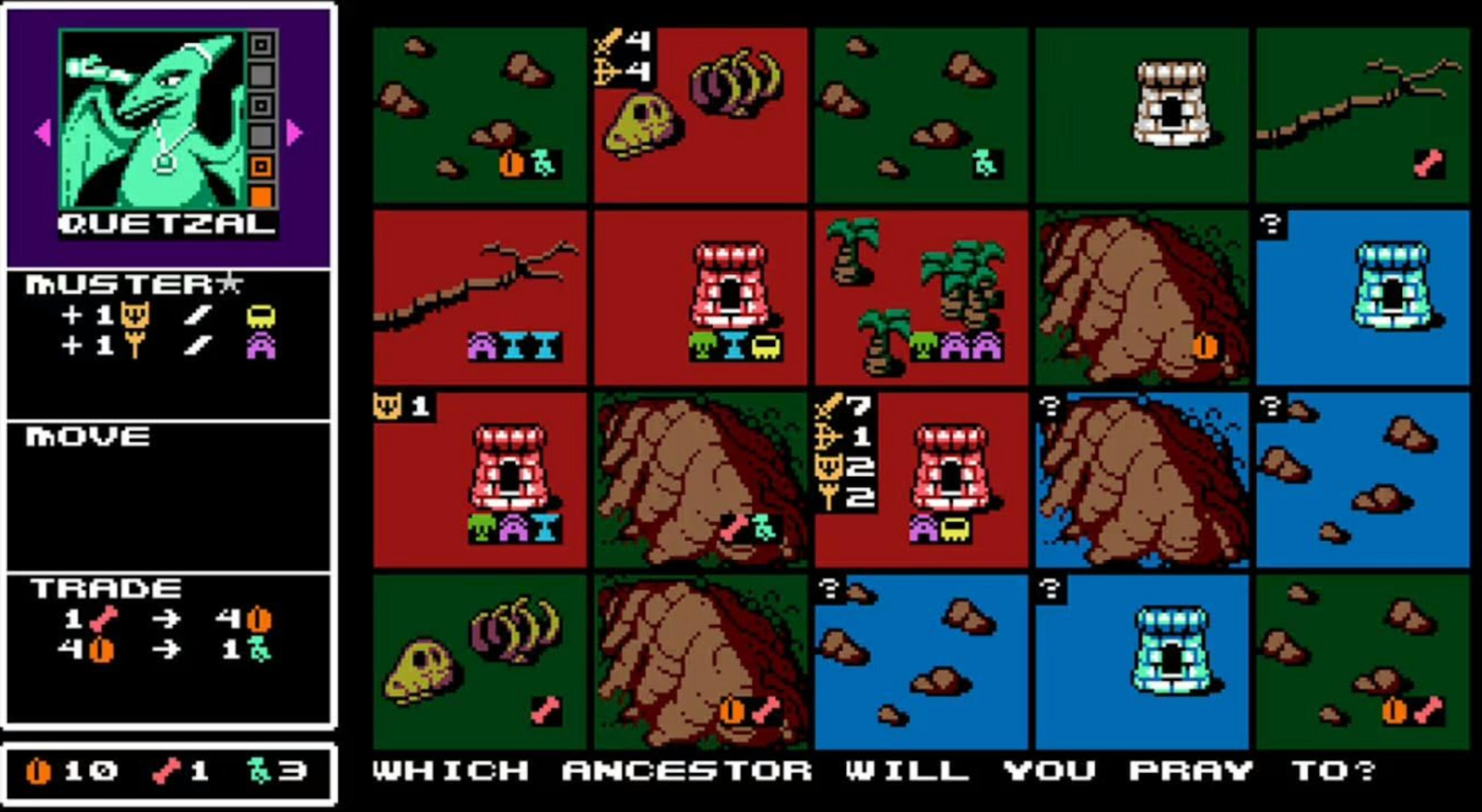 Schermata di gioco con personaggio Quetzal, menu e una griglia piena di simboli.