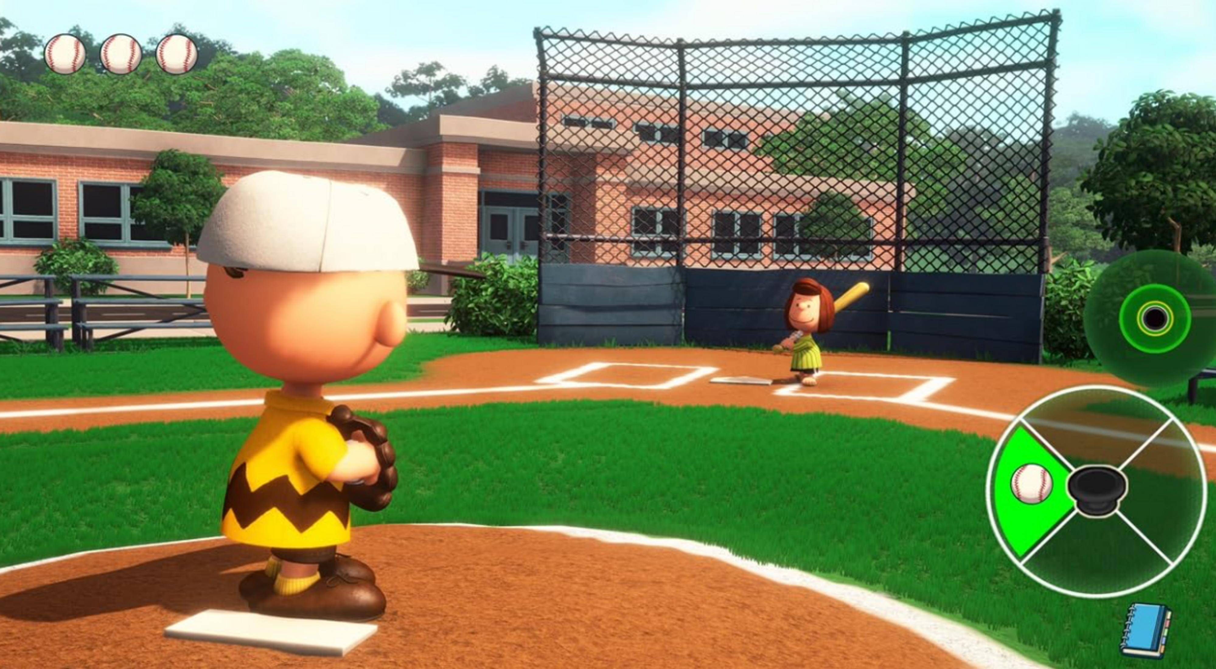 Charlie Brown lancia a Lucy in battuta. Edificio scolastico sullo sfondo.