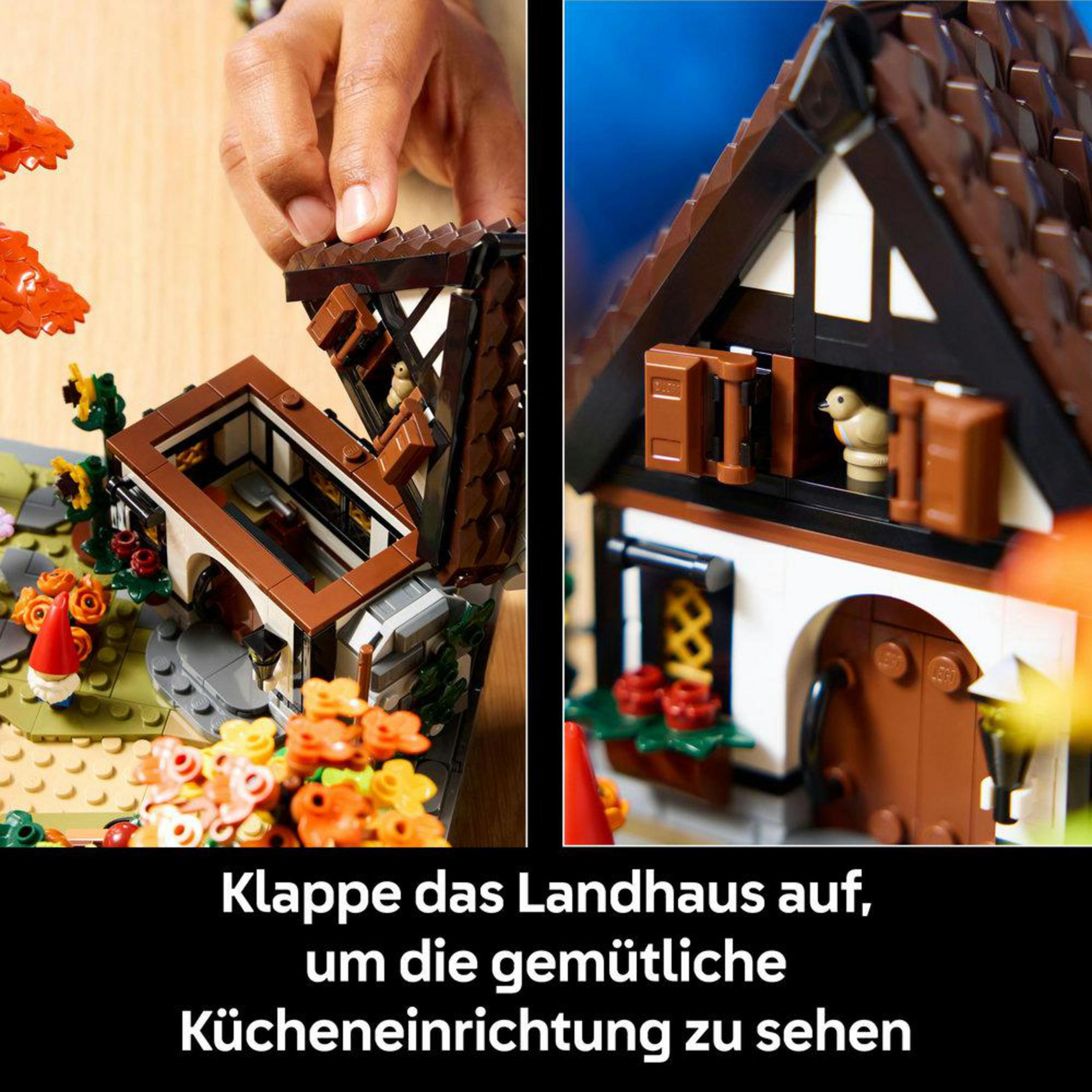 Dom wiejski Lego z ogrodem i otwierającą go ręką.