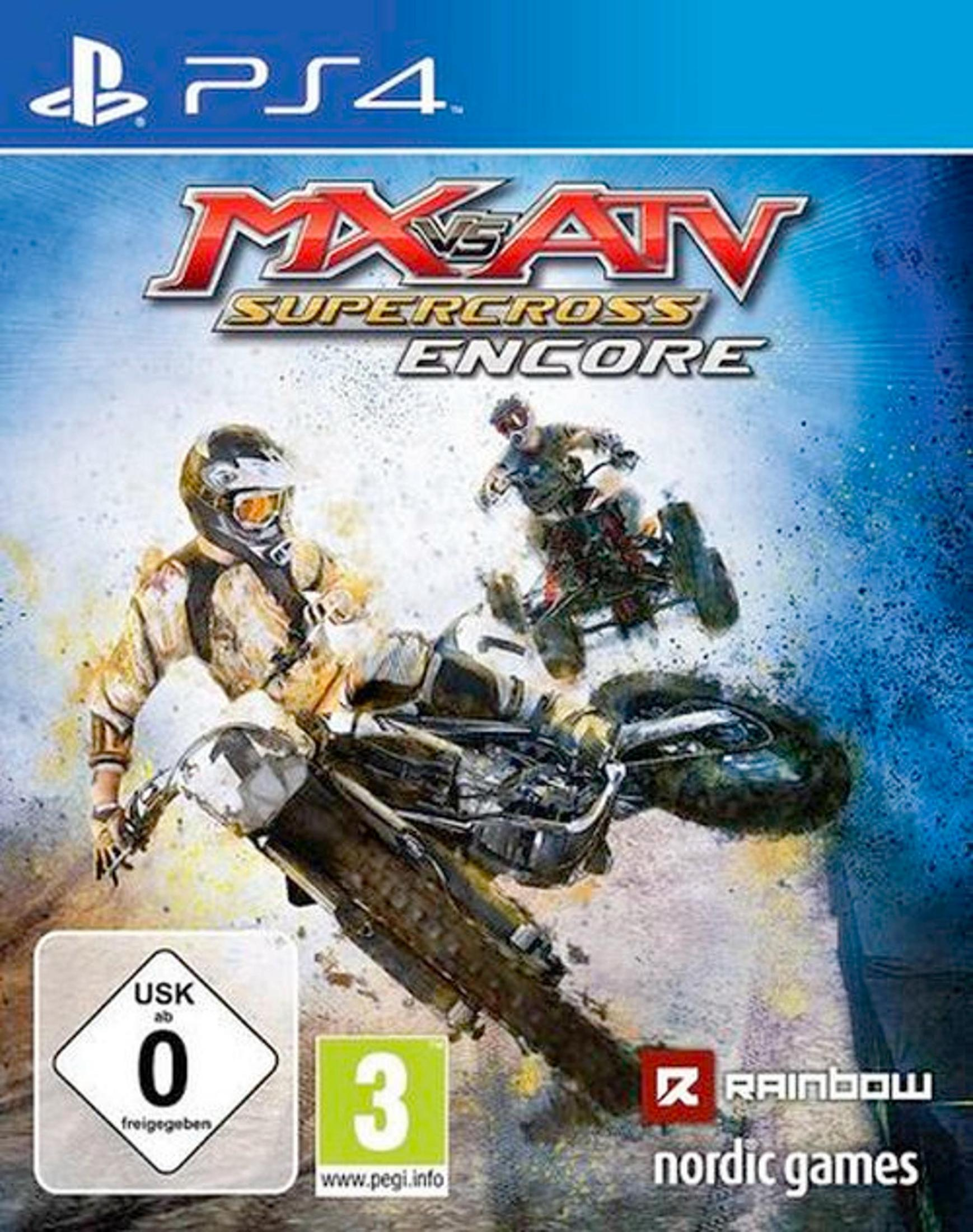 PS4 Spiel "MX vs ATV Supercross Encore" mit Motorradfahrern in Aktion.