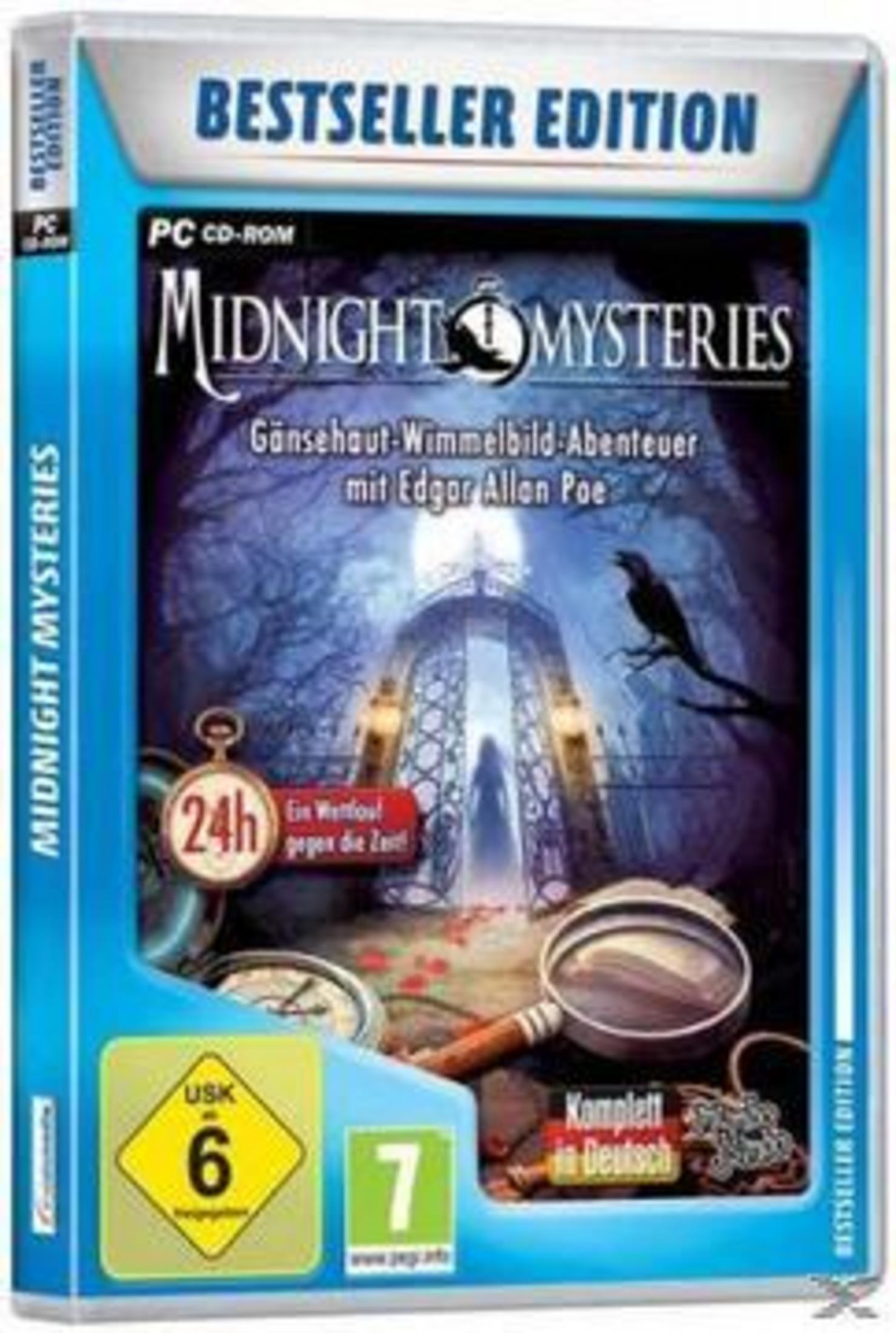 PC-Spiel "Midnight Mysteries" mit Edgar Allan Poe. Enthält eine Lupe und eine Kette.